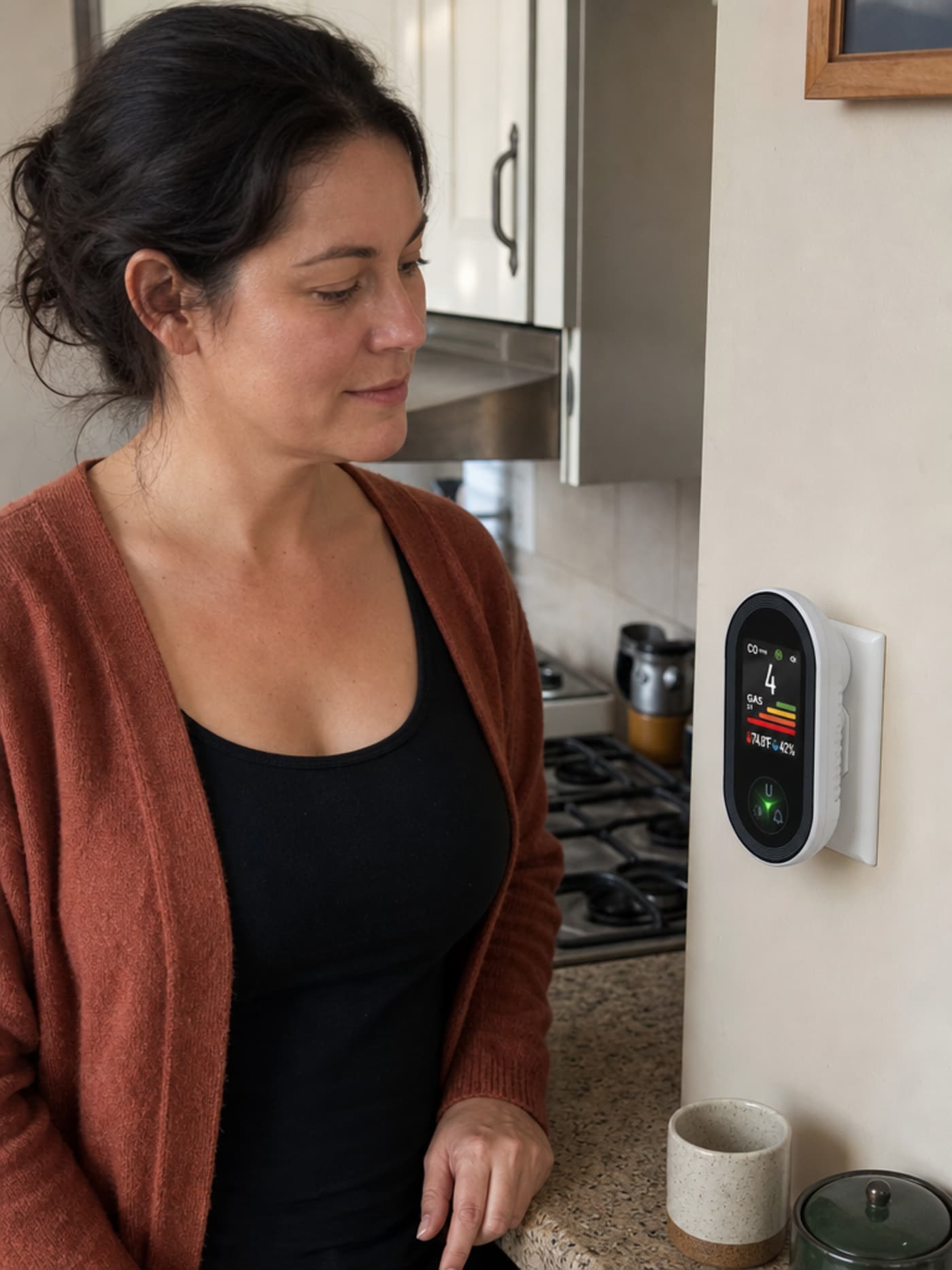 A woman of 34, dark hair pulled back loosely, rust-colored cardigan, glancing at a VIGILOX unit plugged into a kitchen wall outlet — expression calm and attentive, reading the live CO number on the display. A gas stove range is visible to one side.