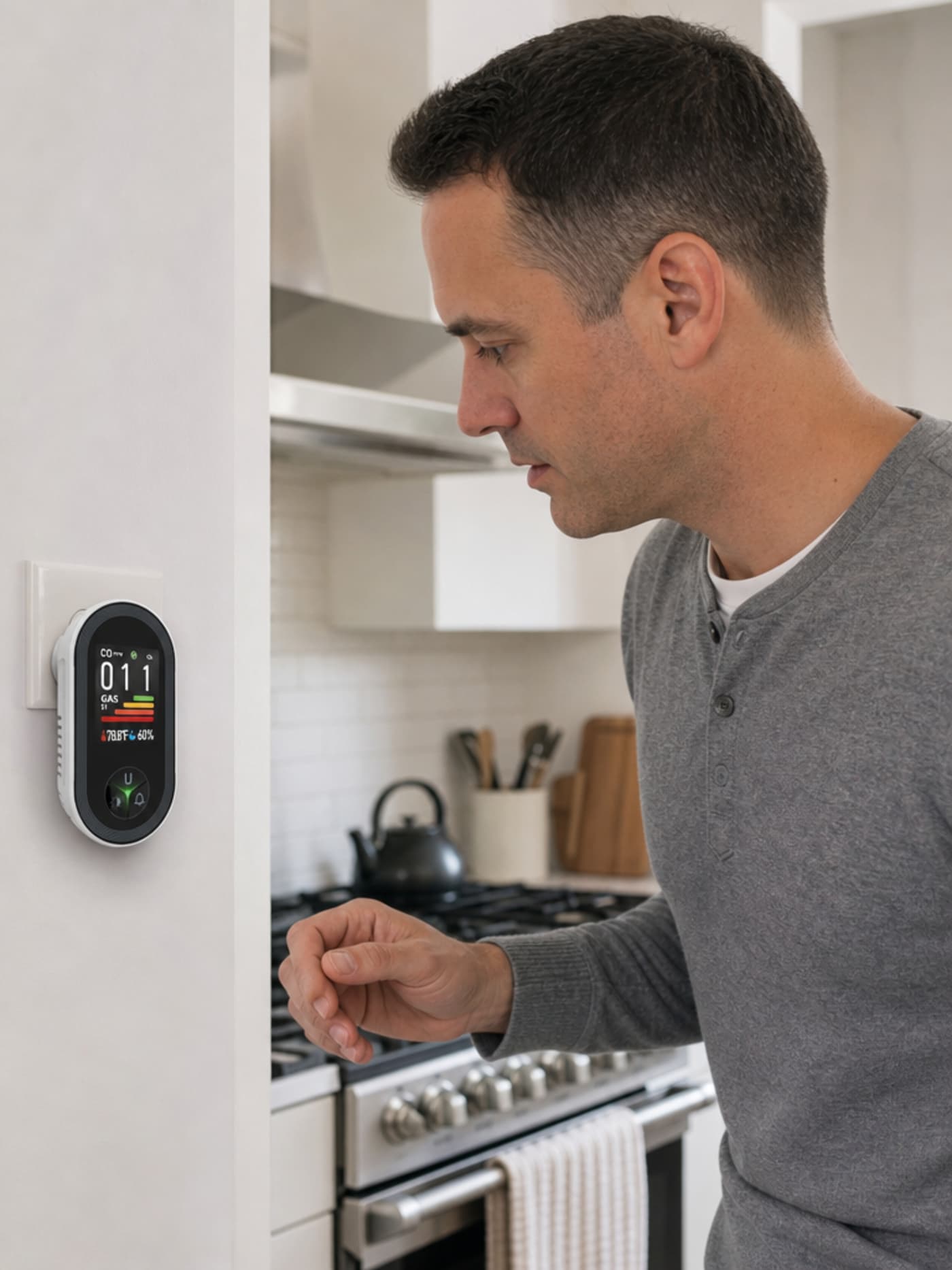The same man from Reason 1 — now standing close to the VIGILOX unit plugged into the kitchen wall outlet, looking directly at the display showing 11 PPM, posture alert and engaged, one hand raised as if about to act. The gas stove is visible in the background — same kitchen, opposite awareness.