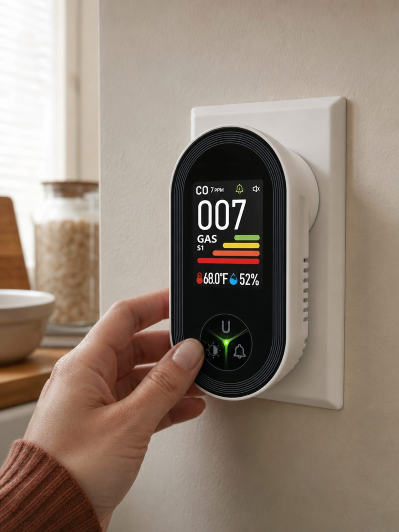 Close-to-medium shot of the VIGILOX unit plugged into a kitchen wall outlet — display clearly legible showing CO: 7 PPM, 68°F, 52% RH. A woman's hand in a rust-colored cardigan sleeve is visible at the edge of frame near the device, indicating active use. Ordinary warm-toned kitchen wall, natural light.