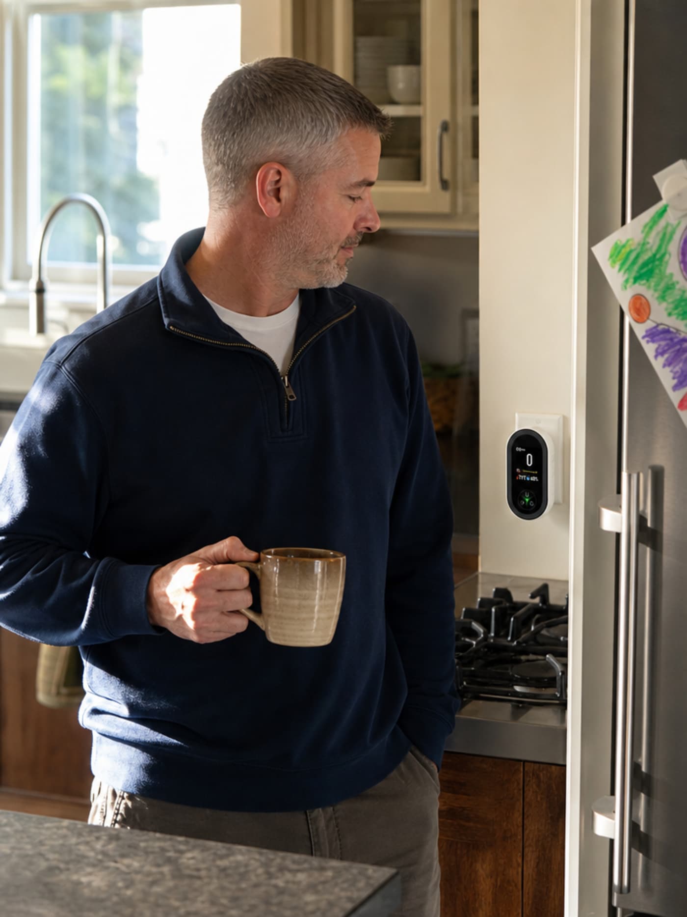 A man glancing calmly at a VIGILOX monitor plugged in beside the kitchen stove, displaying CO: 0 / 71°F / 48% RH — morning light, coffee in hand, the settled expression of someone who checked and found what he expected