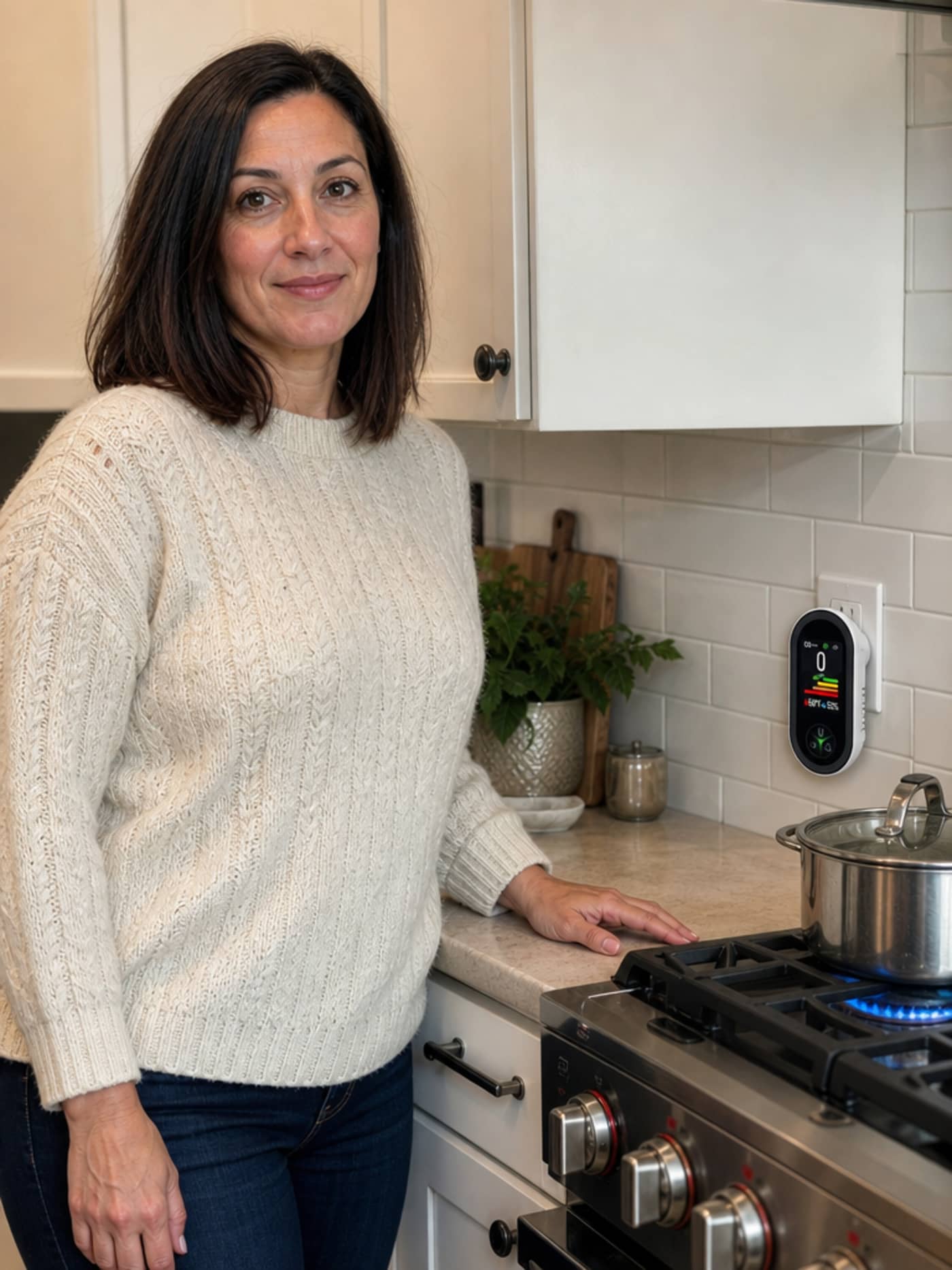 A woman standing beside a gas stove with a pot on the burner, hand on the counter, the VIGILOX monitor plugged into the nearby outlet clearly displaying CO: 0 PPM / 69°F / 52% RH — proof in the exact environment where it matters most