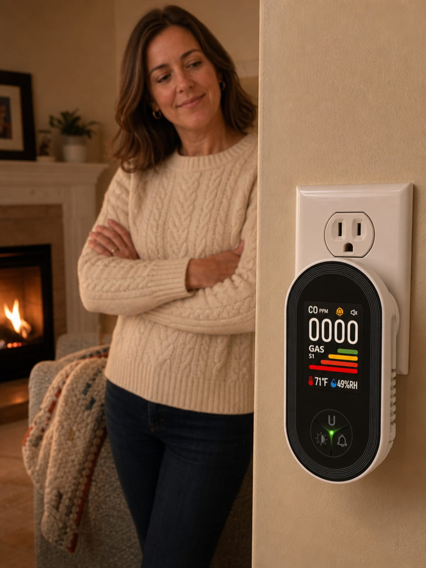 A woman looking at a VIGILOX monitor plugged into a living room outlet displaying CO: 0 PPM / 71°F / 49% RH, a gas fireplace burning low in the background, her expression settled and calm — the fireplace is on, the number is visible, and she knows