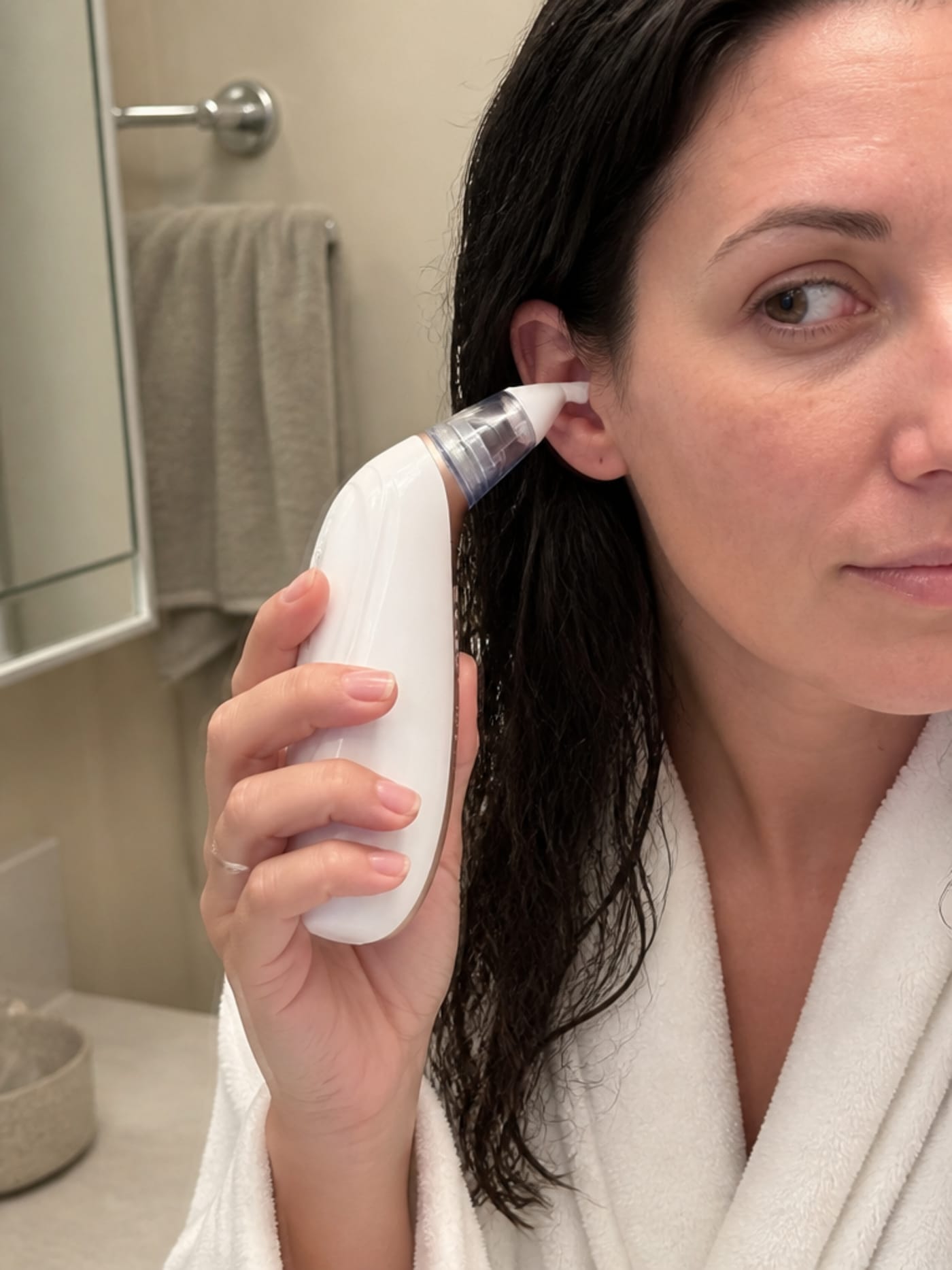 Vacurio device held gently near the outer ear in a real bathroom, relaxed unhurried hand