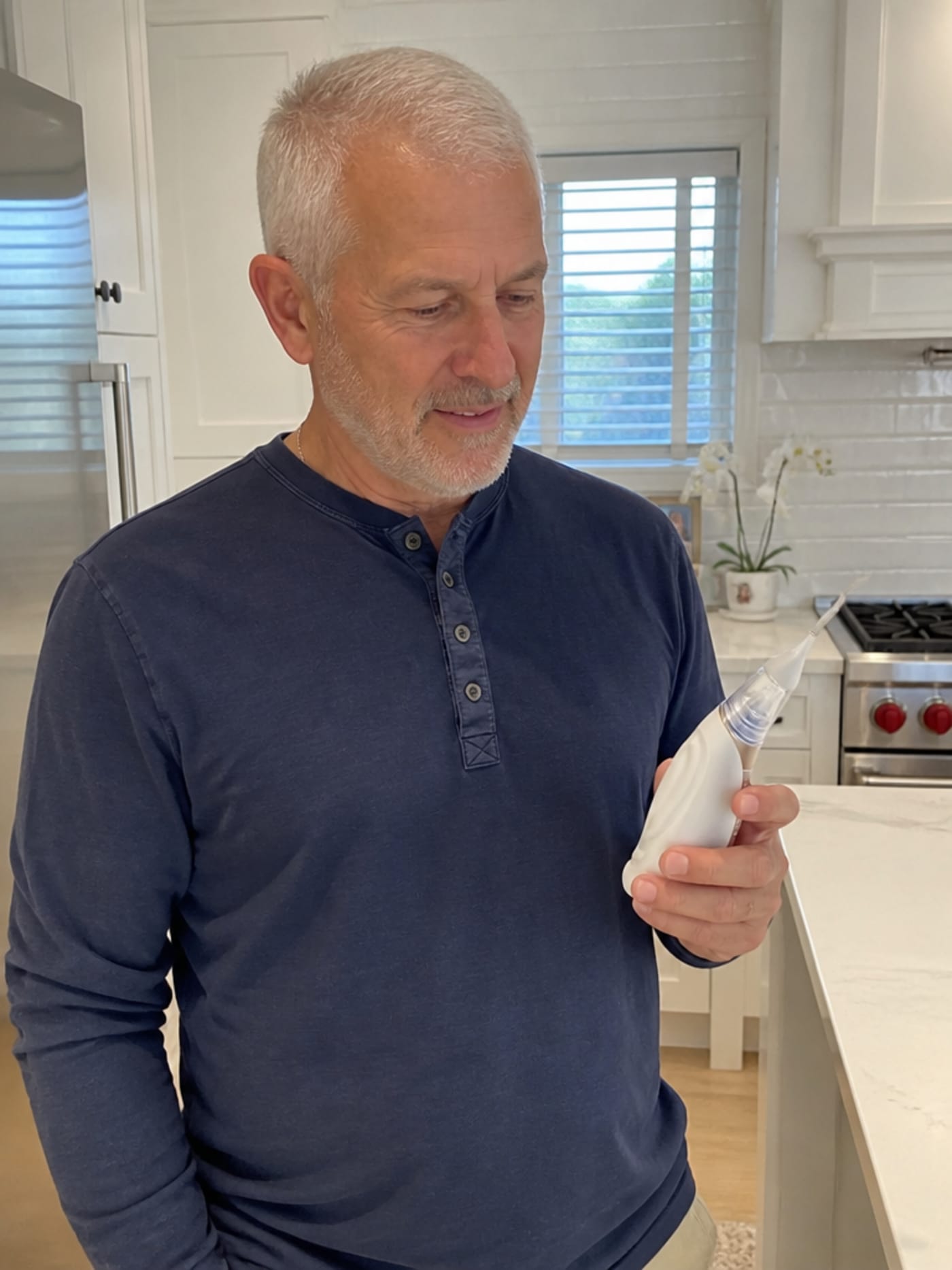 Man in his late sixties, navy henley, holding Vacurio device in kitchen with calm confident expression