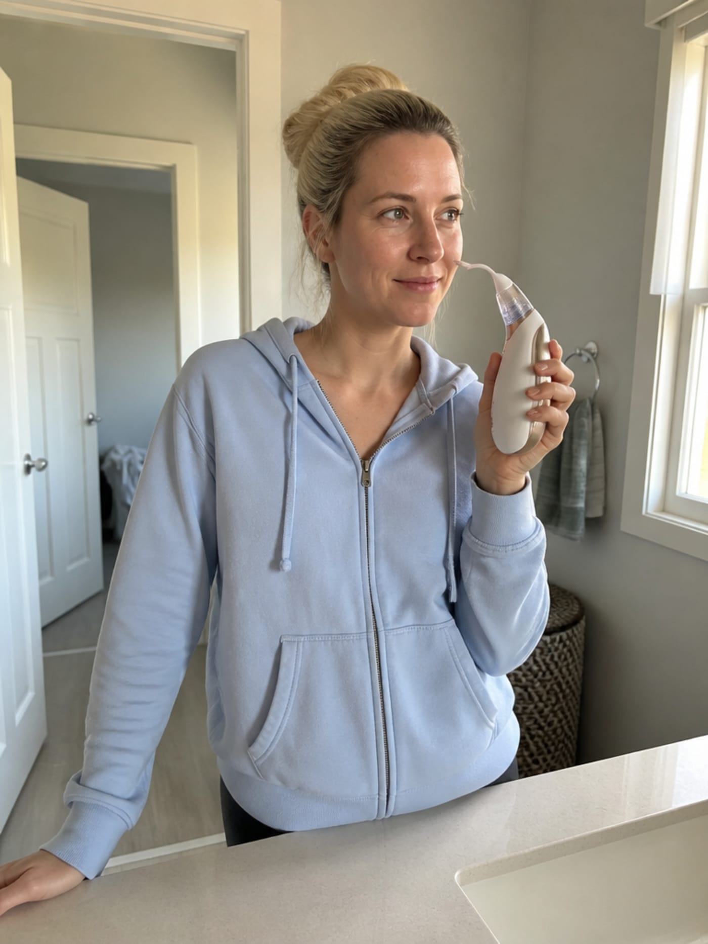 Woman in early thirties, pale blue hoodie, holding Vacurio device in bathroom, early morning light