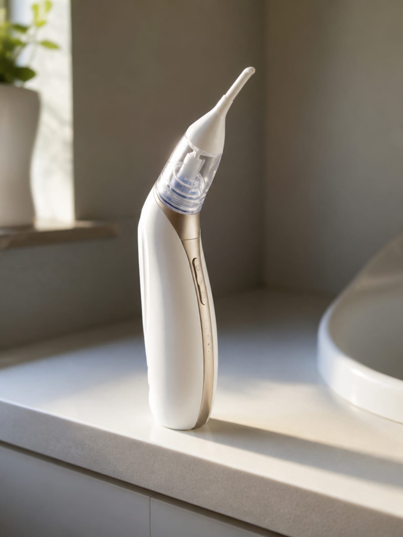 Vacurio device resting on the edge of a clean bathroom counter, silicone tip visible, warm natural side-light from a window