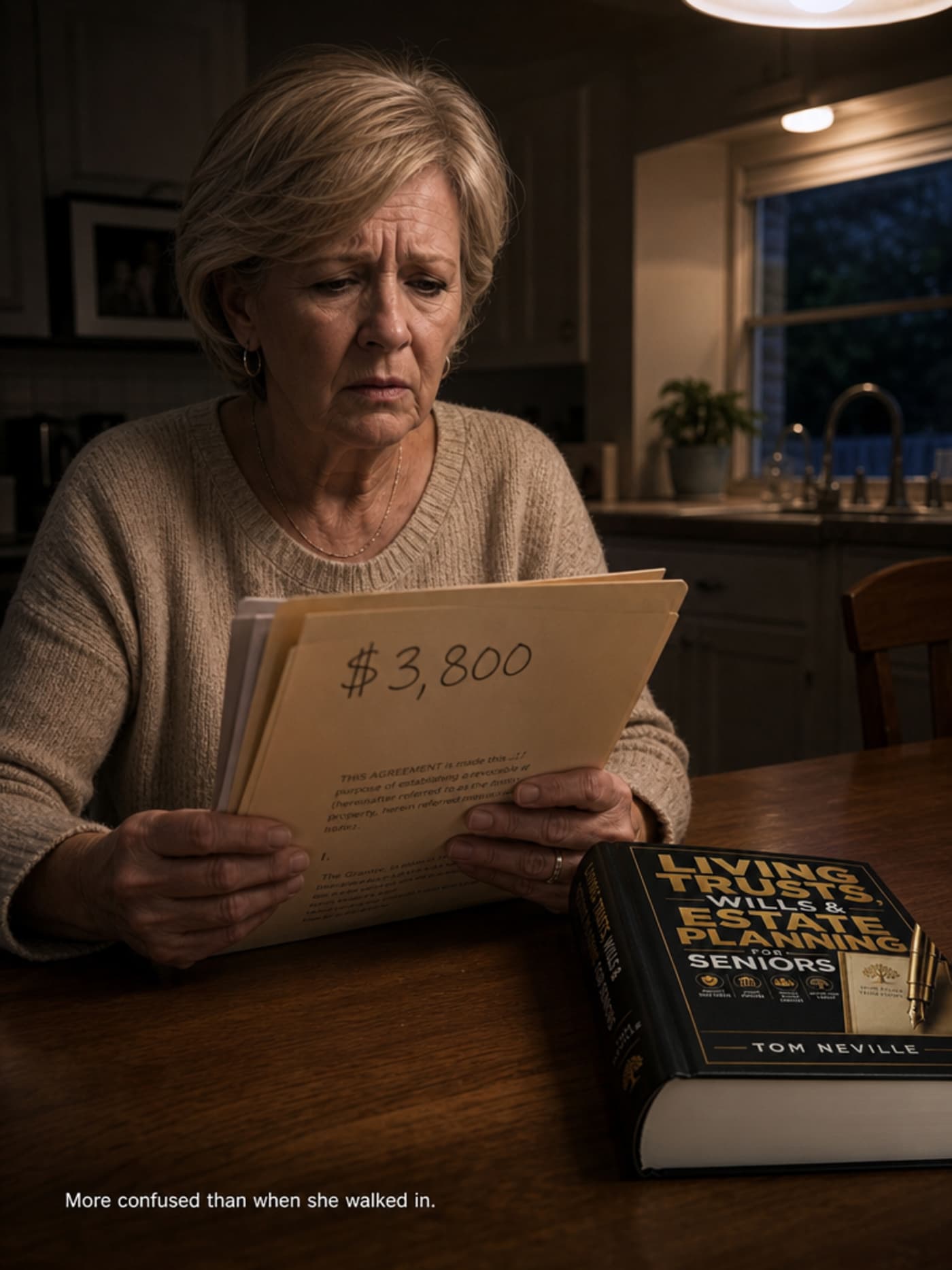 Margaret at a dim kitchen table in the evening, holding a folder with a handwritten $3,800 figure, an unopened legal tome beside her — the expression of someone who paid for understanding and received paperwork
