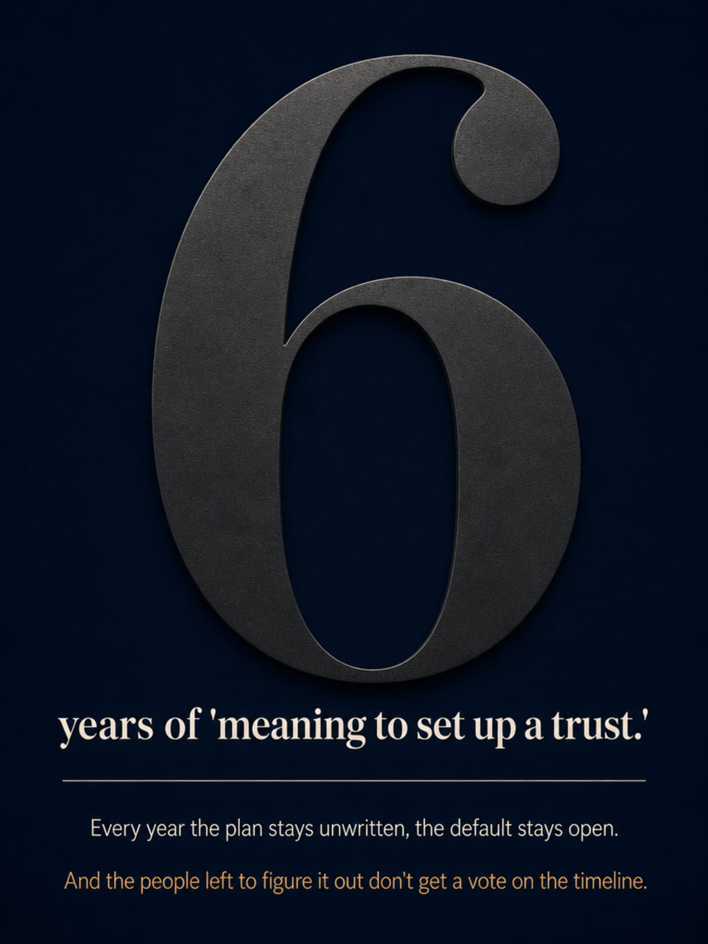 Large numeral 6 in deep charcoal on a dark navy background — representing six years of meaning to set up a trust, a number that reads as a reckoning
