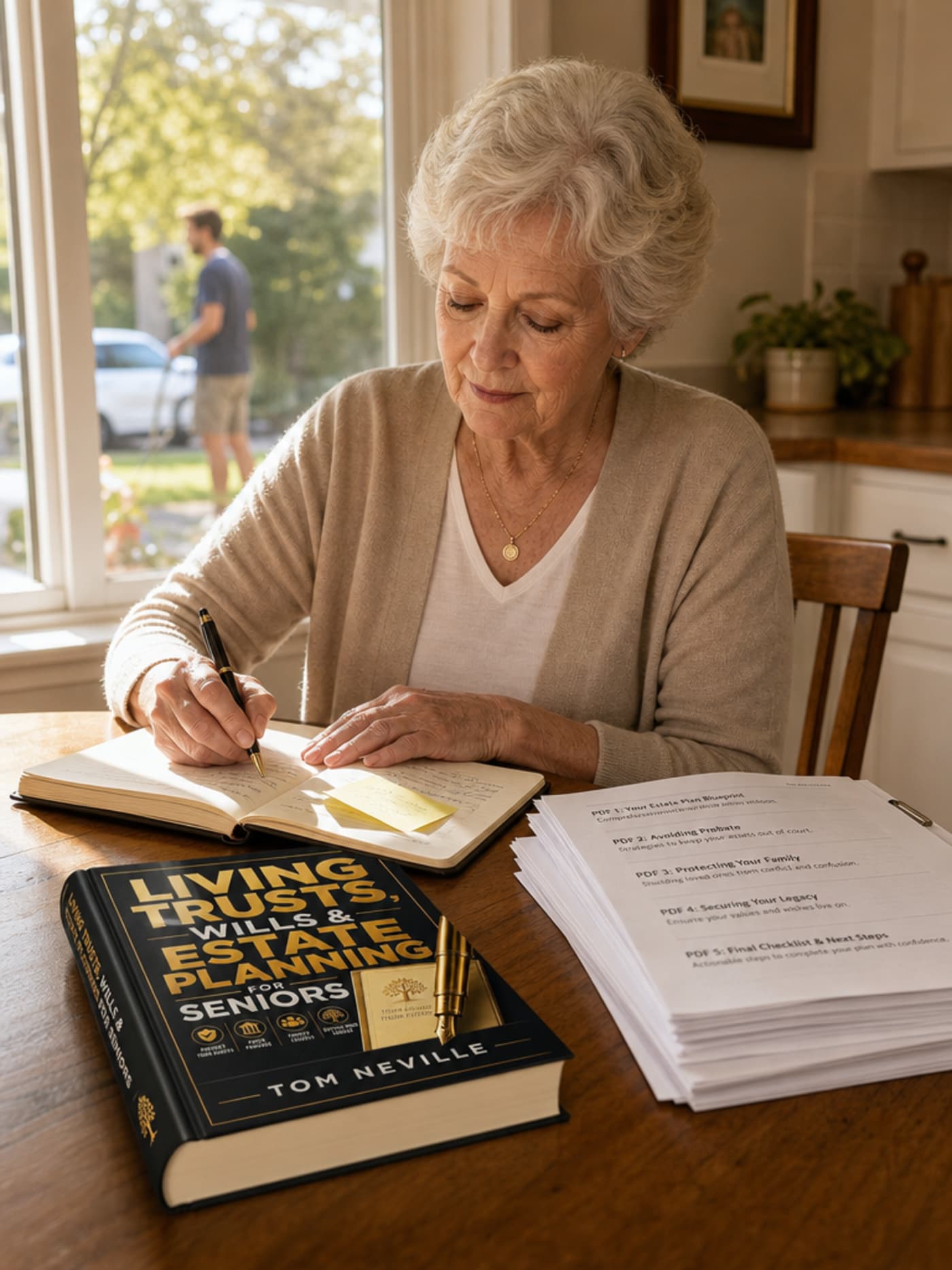 Margaret at the same kitchen table in morning light, writing calmly in a notebook with the open hardcover guide and a visible stack of printed PDF forms in front of her — competent calm, not stock-photo joy