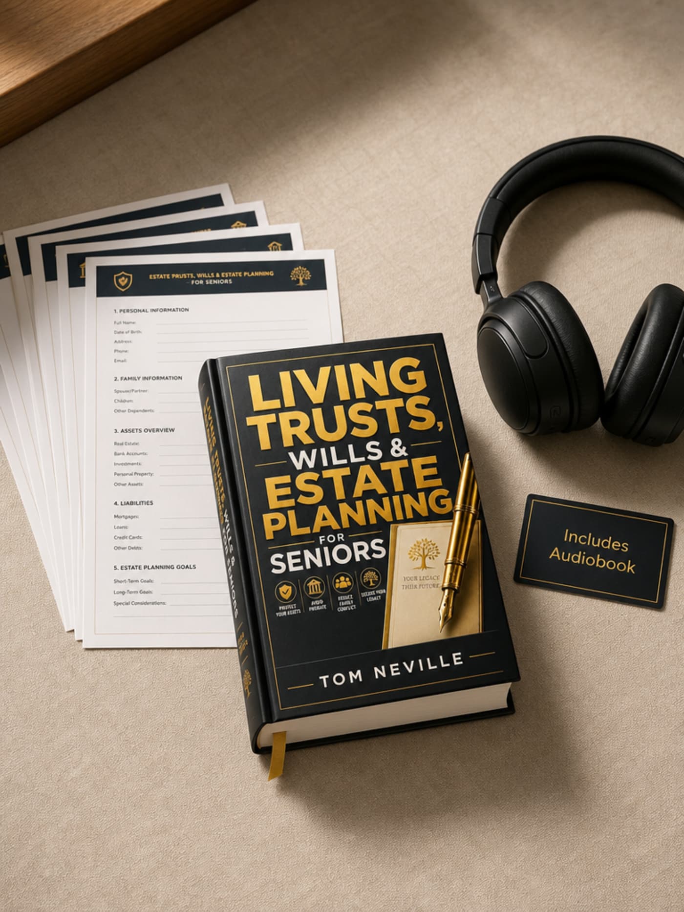 Flat-lay of the hardcover guide, five printed PDF forms, and over-ear headphones representing the included audiobook — the complete bundle