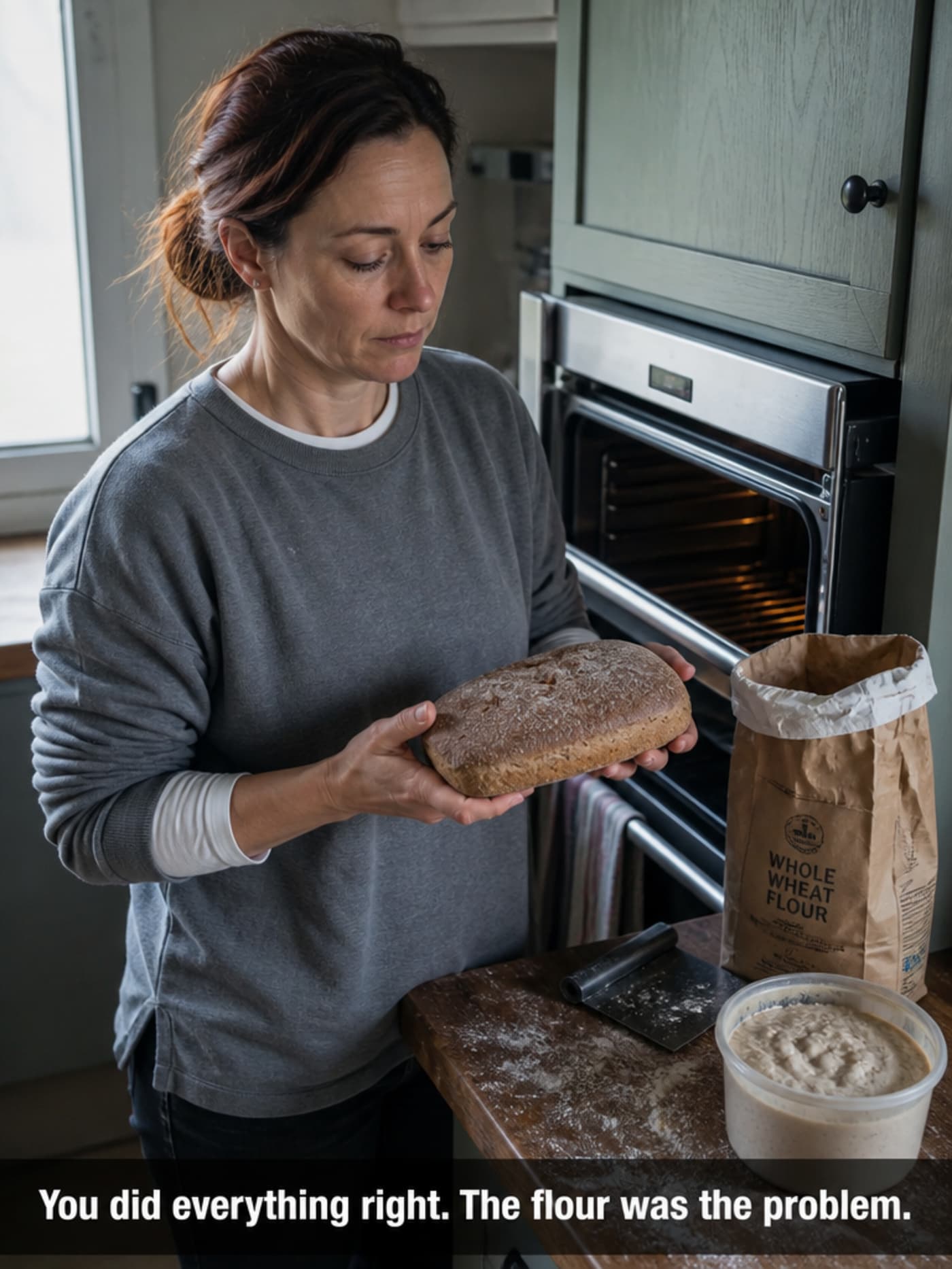 Woman holding a dense, flat loaf of bread with quiet resignation, flour dust on the counter behind her