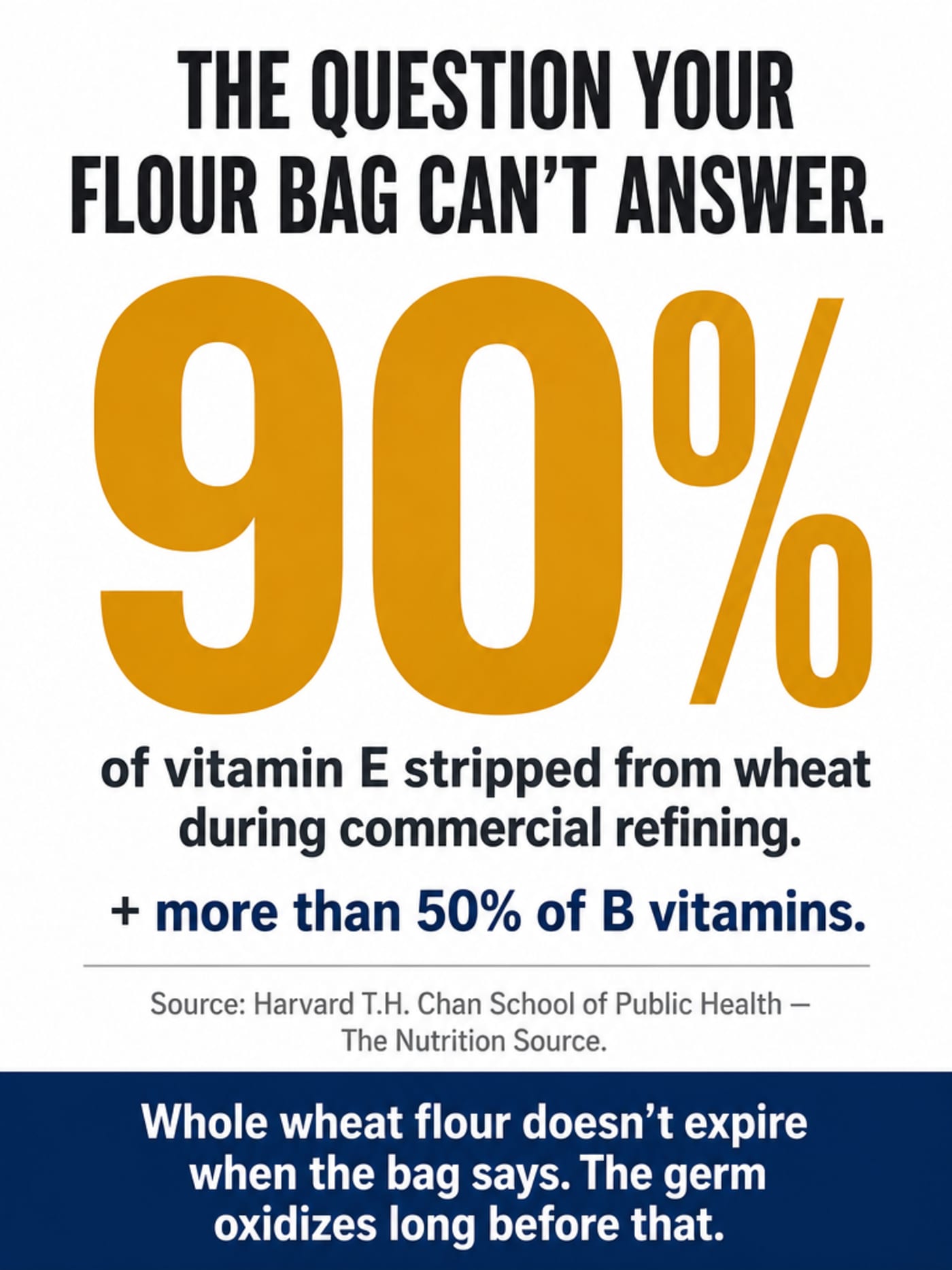 Stat card showing 90% of vitamin E stripped from wheat during commercial refining, with Harvard source attribution