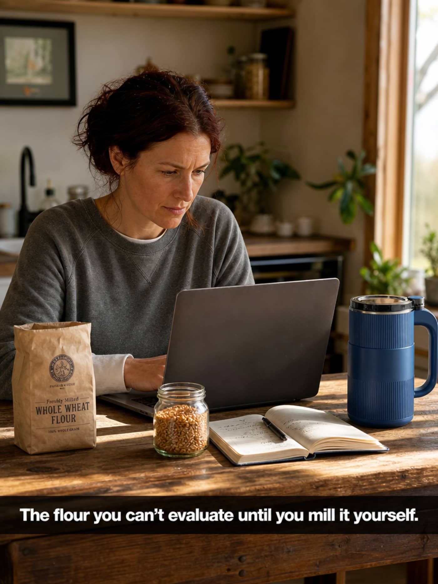 Woman researching at kitchen table with laptop, wheat berries, notebook, and a grain mill nearby for evaluation