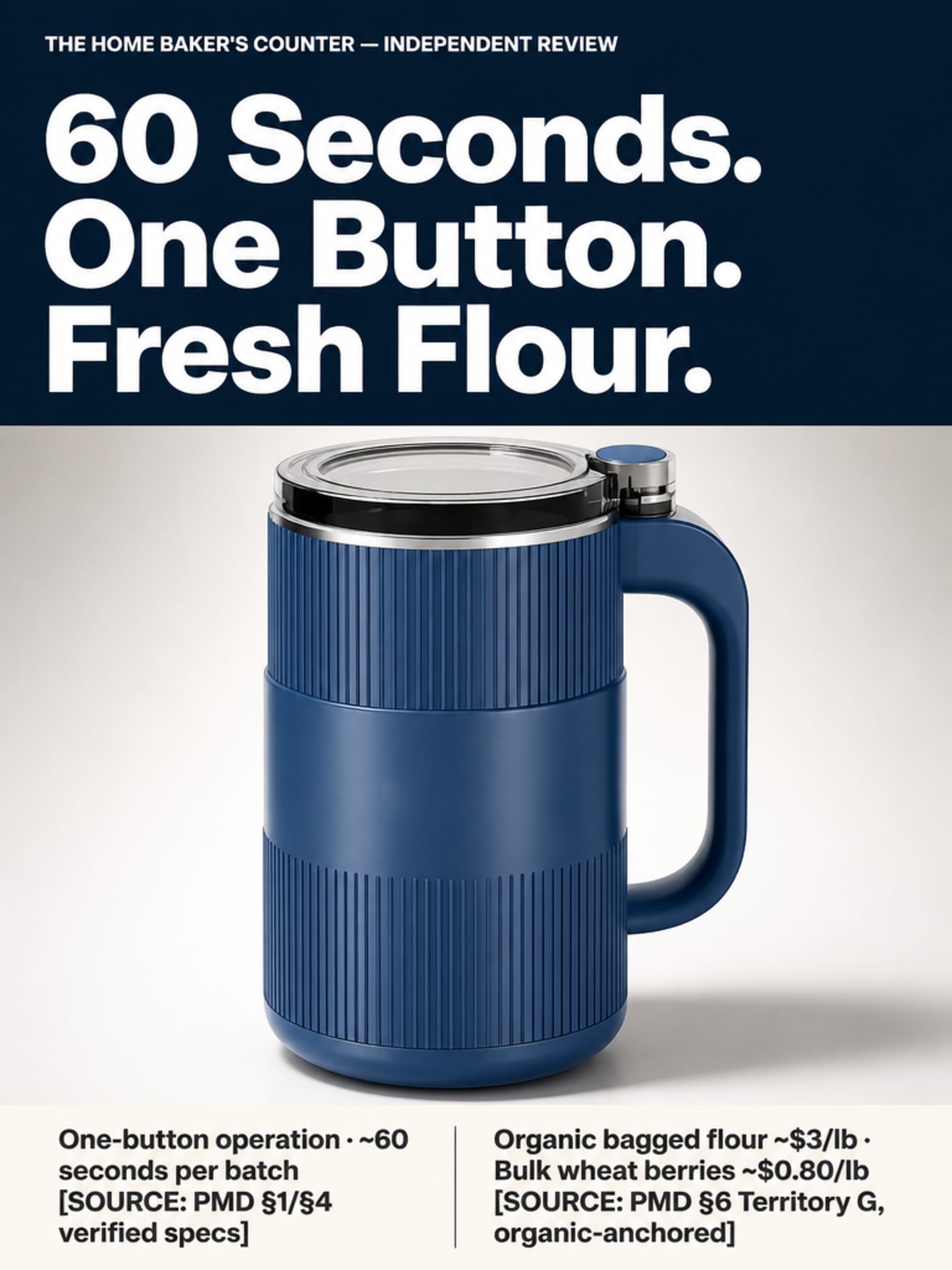 Grainbloom Electric Grain Mill hero product shot with speed and cost value callouts