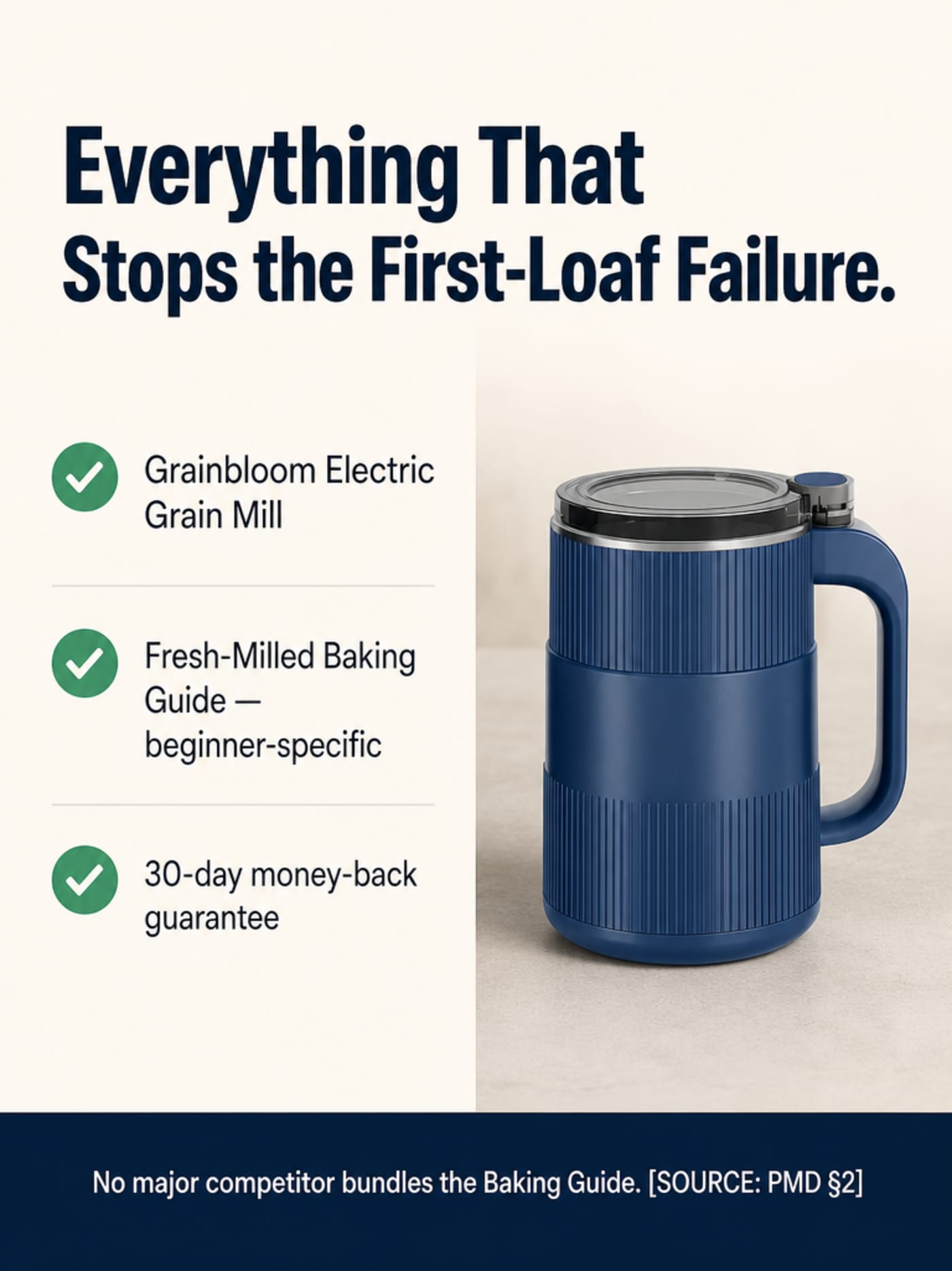 Checklist showing Grainbloom mill, Fresh-Milled Baking Guide, and 30-day guarantee with product image