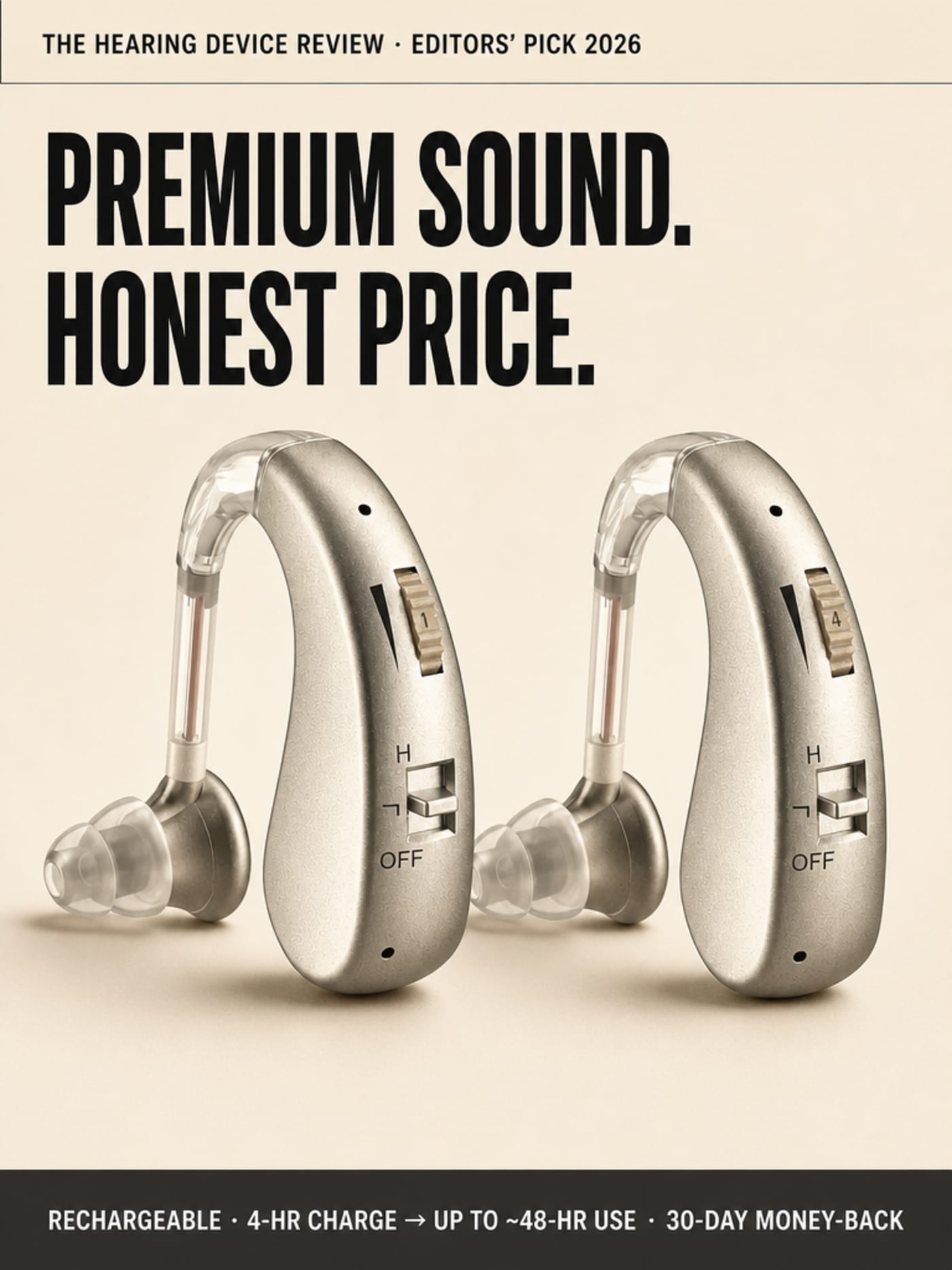 Audexa Hearing Aids — twin silver-champagne rechargeable BTE units, Editors' Pick 2026