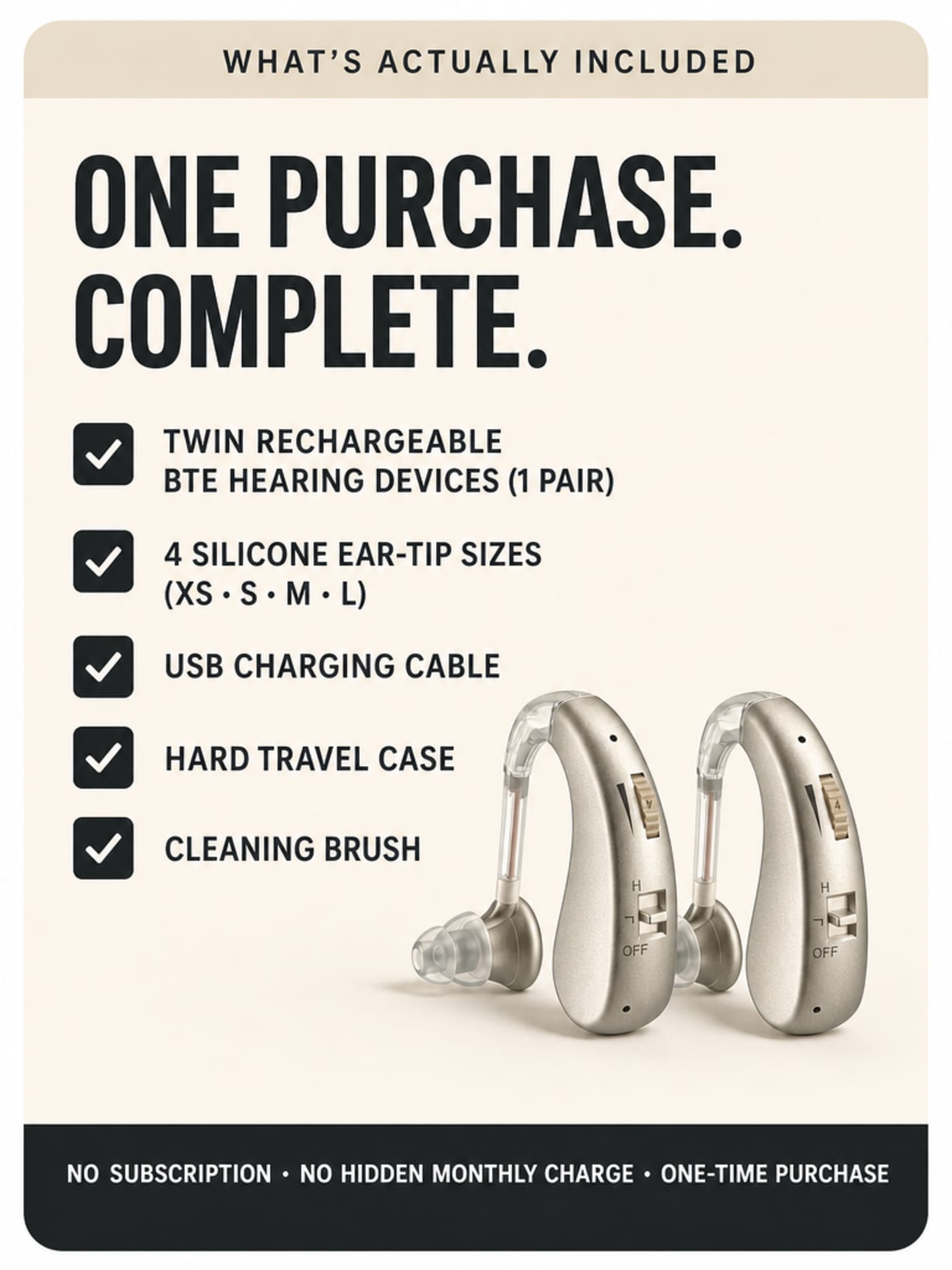Checklist infographic: everything included in one Audexa purchase — twin BTE units, four ear-tip sizes, USB cable, travel case, cleaning brush