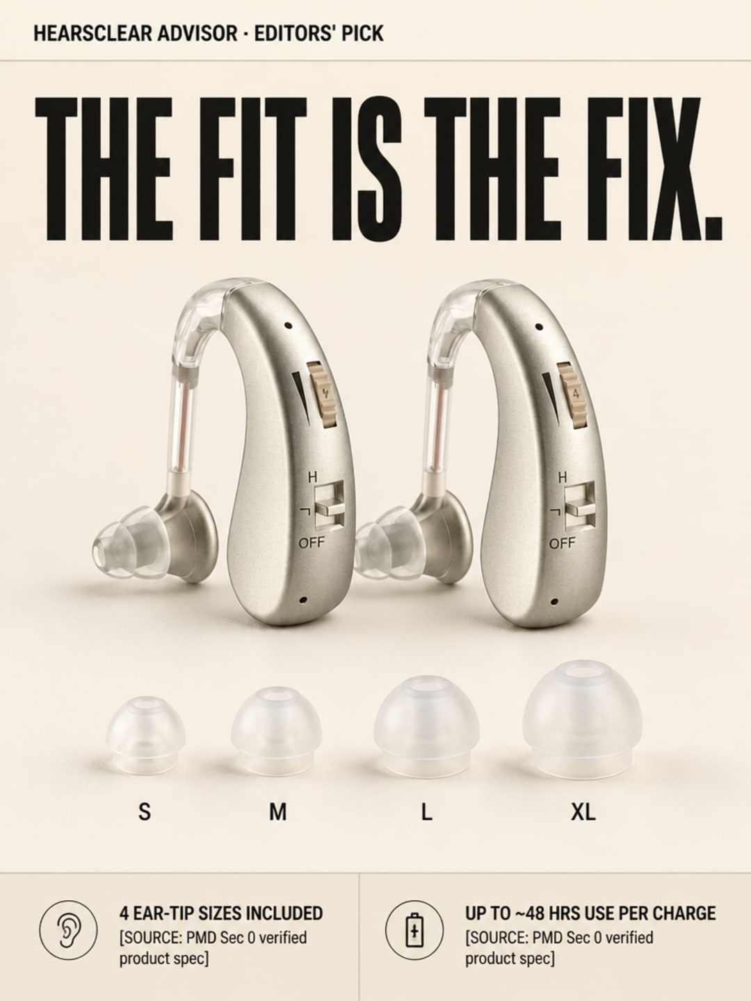 Audexa hearing aids with four silicone ear-tip sizes S M L XL arranged in ascending row on warm cream ground