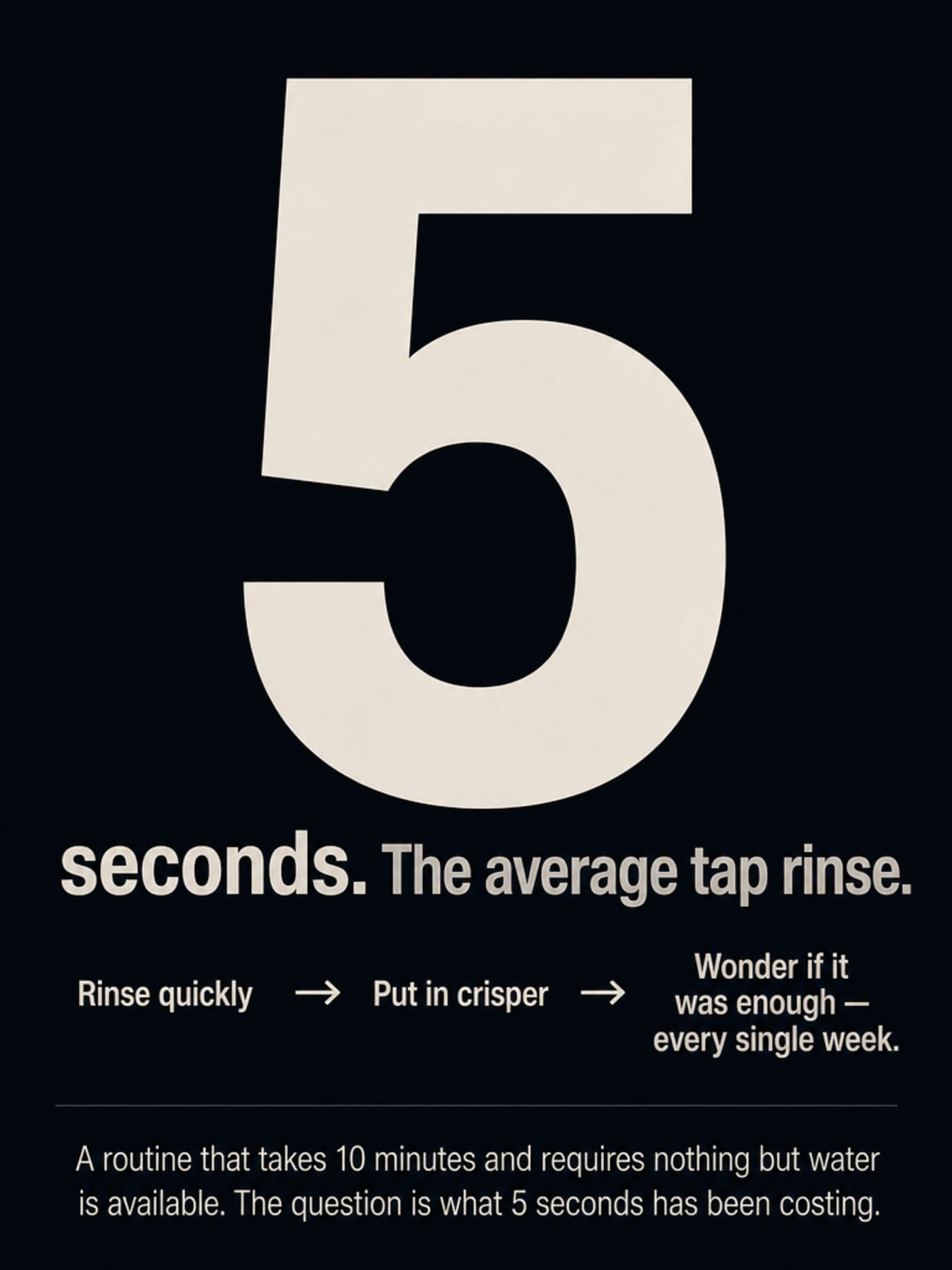 Bold infographic on dark slate background: enormous '5' in the center with text 'seconds. The average tap rinse.' beneath, followed by a three-step cost chain: Rinse quickly → Put in crisper → Wonder if it was enough — every single week