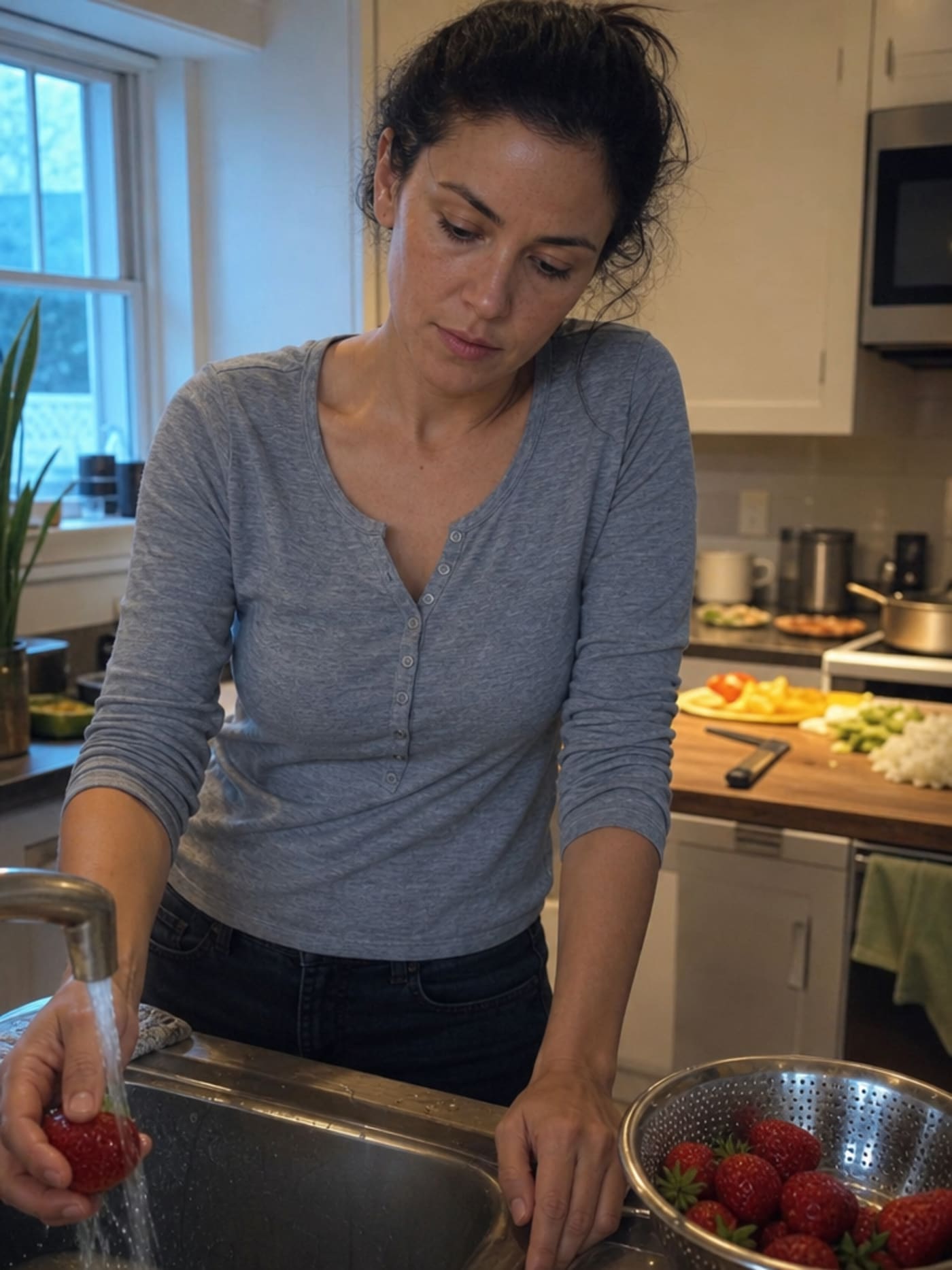 A woman of 34, dark hair pulled back, wearing a grey henley over dark wash jeans, holding a single strawberry under a running tap at the kitchen sink, mid-doubt expression, colander of remaining strawberries to her right, half-prepared dinner visible on cutting board behind her