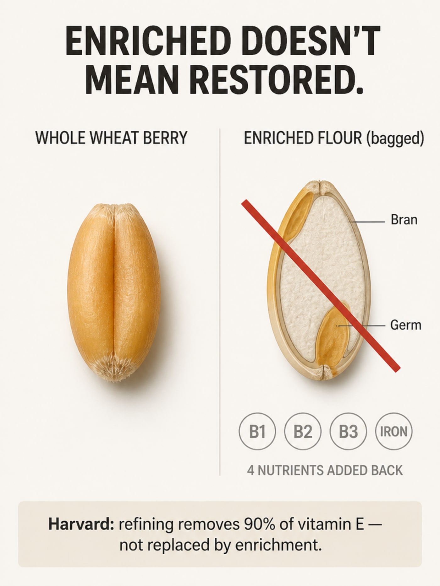 Infographic comparing a whole wheat berry to enriched bagged flour, showing what refining removes and what enrichment adds back