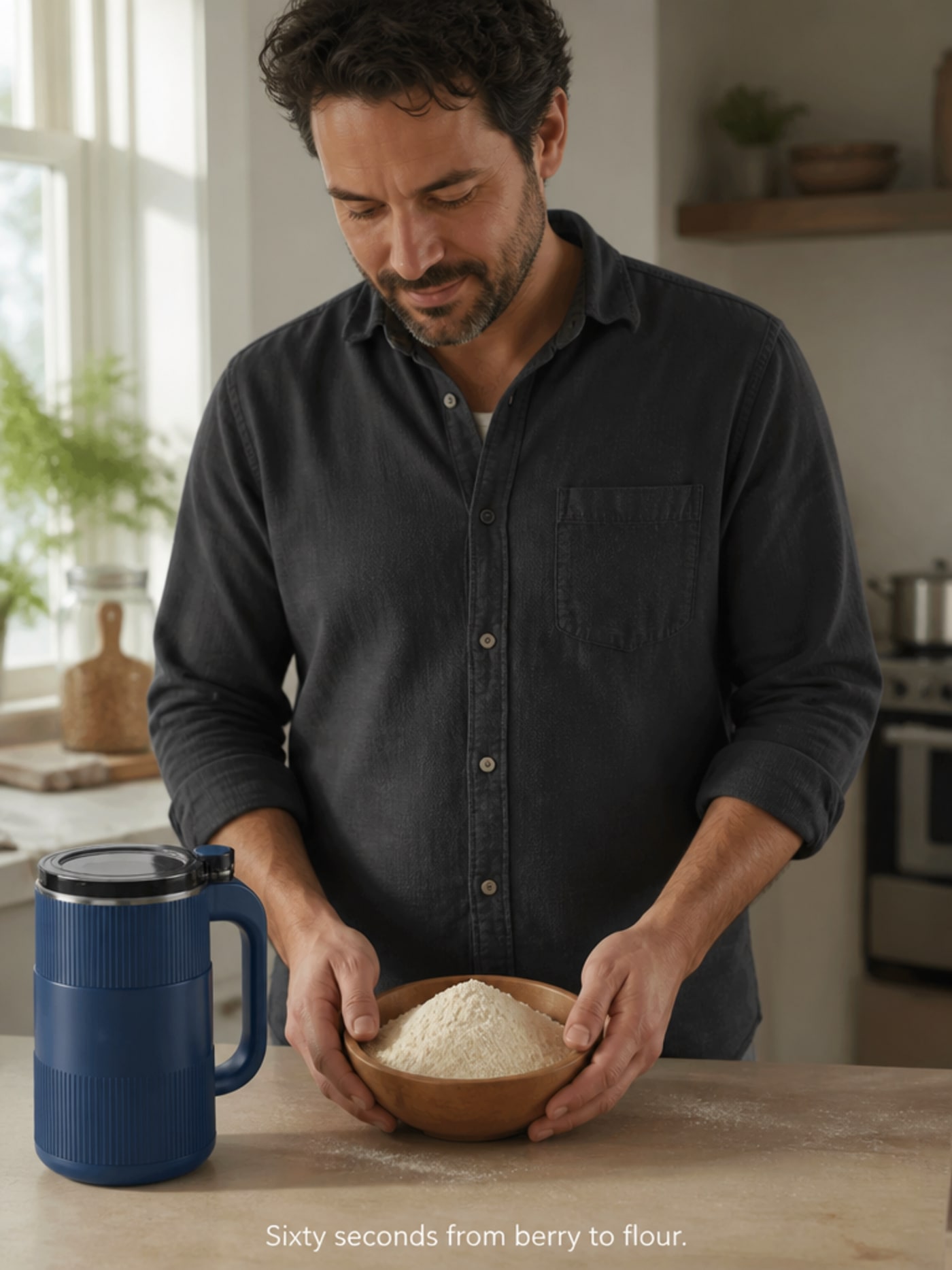 Home baker with fresh-milled flour in a wooden bowl beside a Grainbloom grain mill on a kitchen counter