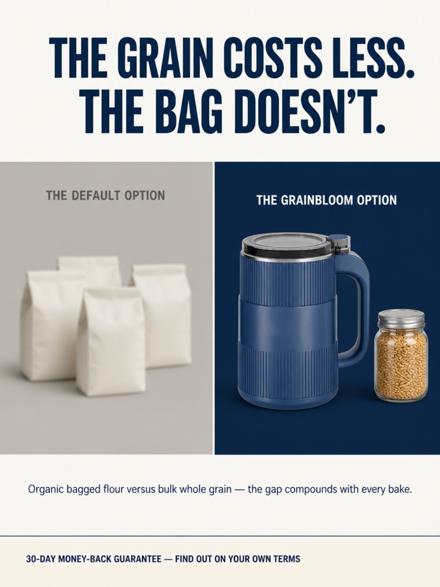 Split-bar infographic: generic bagged flour on the left versus the Grainbloom mill and wheat berries on the right, illustrating the cost structure gap
