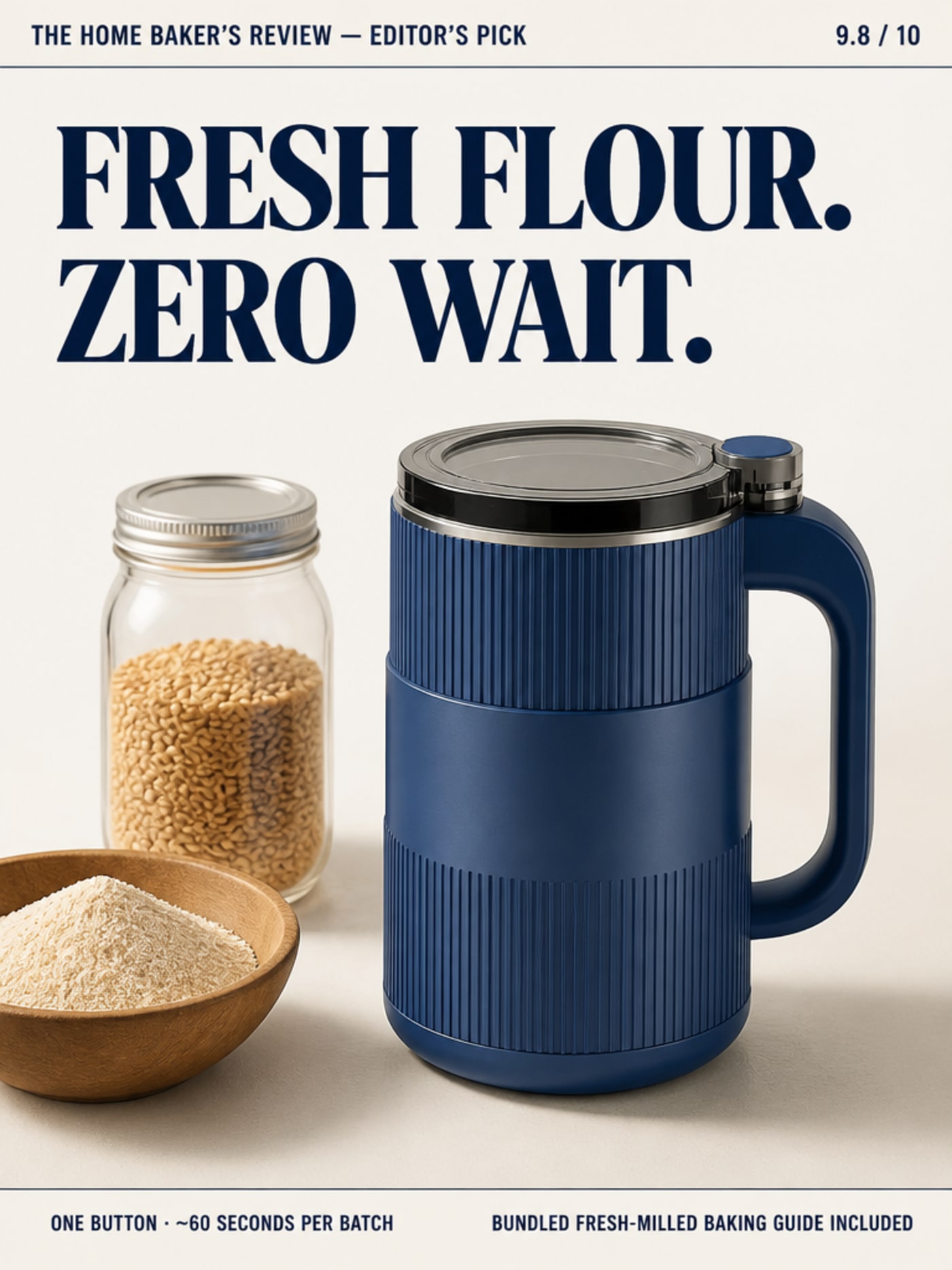 Grainbloom Electric Grain Mill with wheat berries and fresh-milled flour — editorial product photography