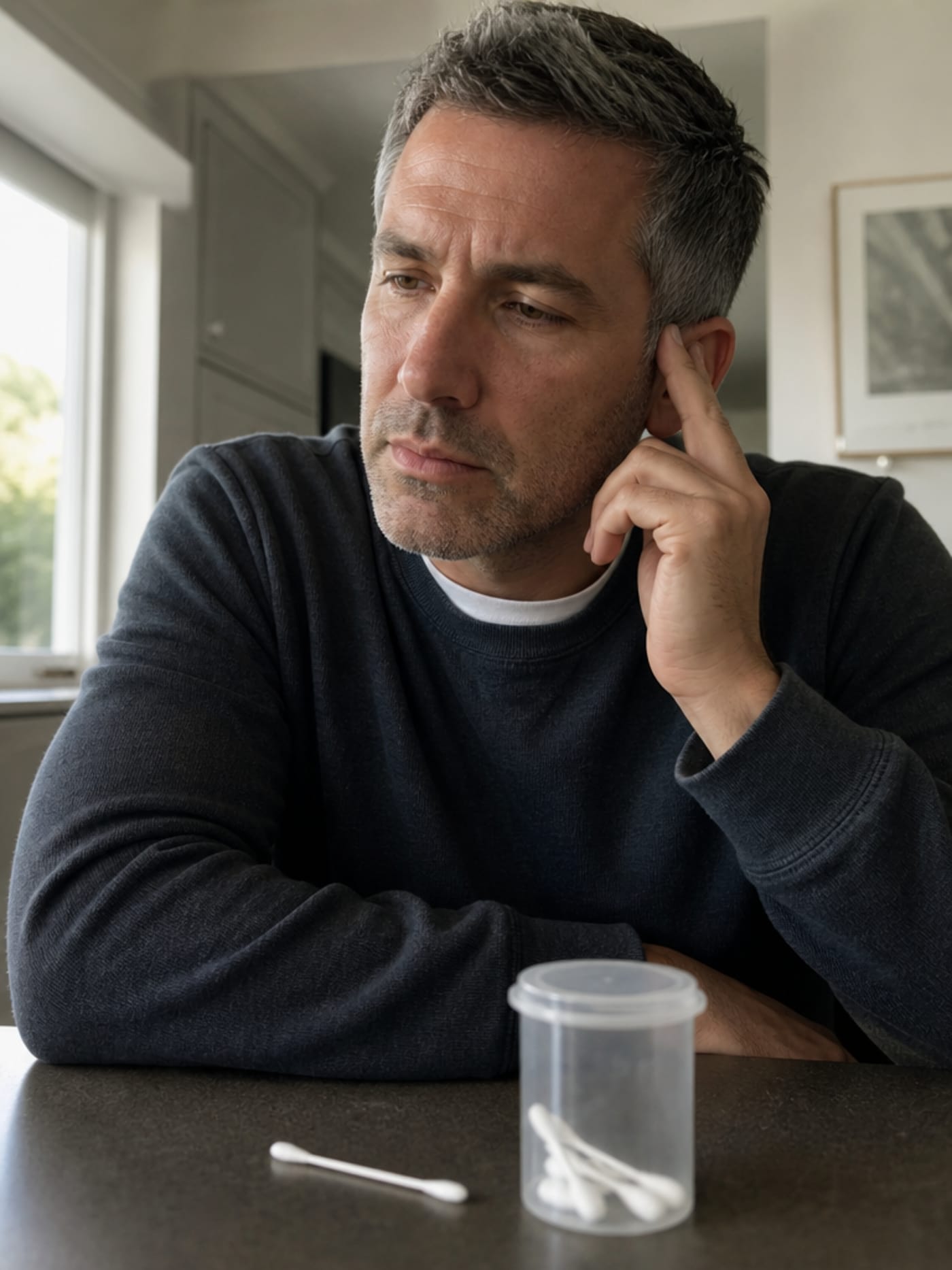 A man in his early 40s with salt-and-pepper close-cut hair, wearing a dark grey crewneck sweatshirt, pressing two fingers lightly against his outer ear with an expression of low-grade, recurring exasperation — a cotton swab and small container visible out of focus in the foreground