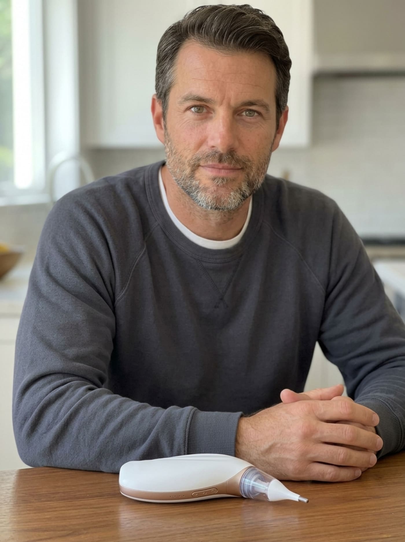 The same man from the earlier photo — early 40s, salt-and-pepper close-cut hair, dark grey crewneck — now seated at the same table with a relaxed, settled expression, the Vacurio device resting casually on the surface in front of him, the cotton swab absent