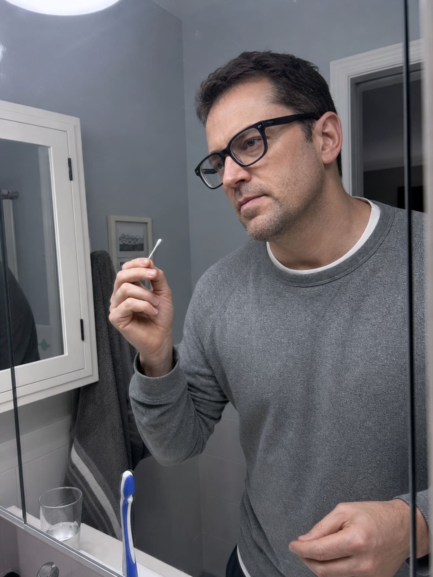 A man of 38, thick-framed glasses, wearing a grey crew-neck sweatshirt over a white undershirt, standing at a bathroom counter holding a cotton swab just withdrawn from his ear — expression conveying the resigned recognition that the routine didn't fully work
