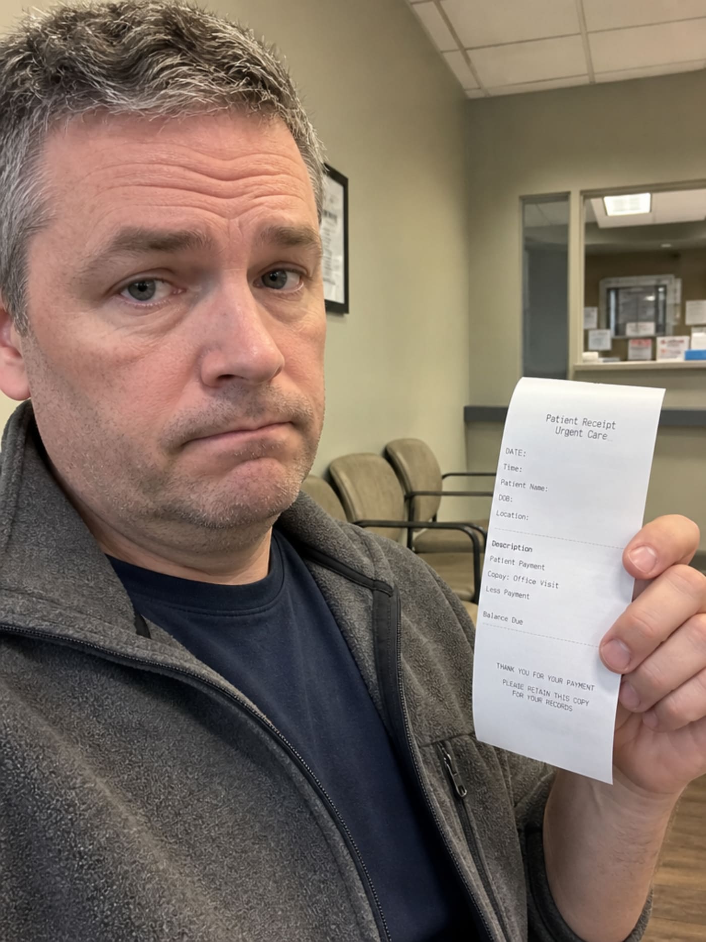 Marcus, a man of 44 with short salt-and-pepper natural hair wearing a grey zip-front fleece, seated in a sparse urgent-care waiting room holding a co-pay receipt with a flat, resigned expression