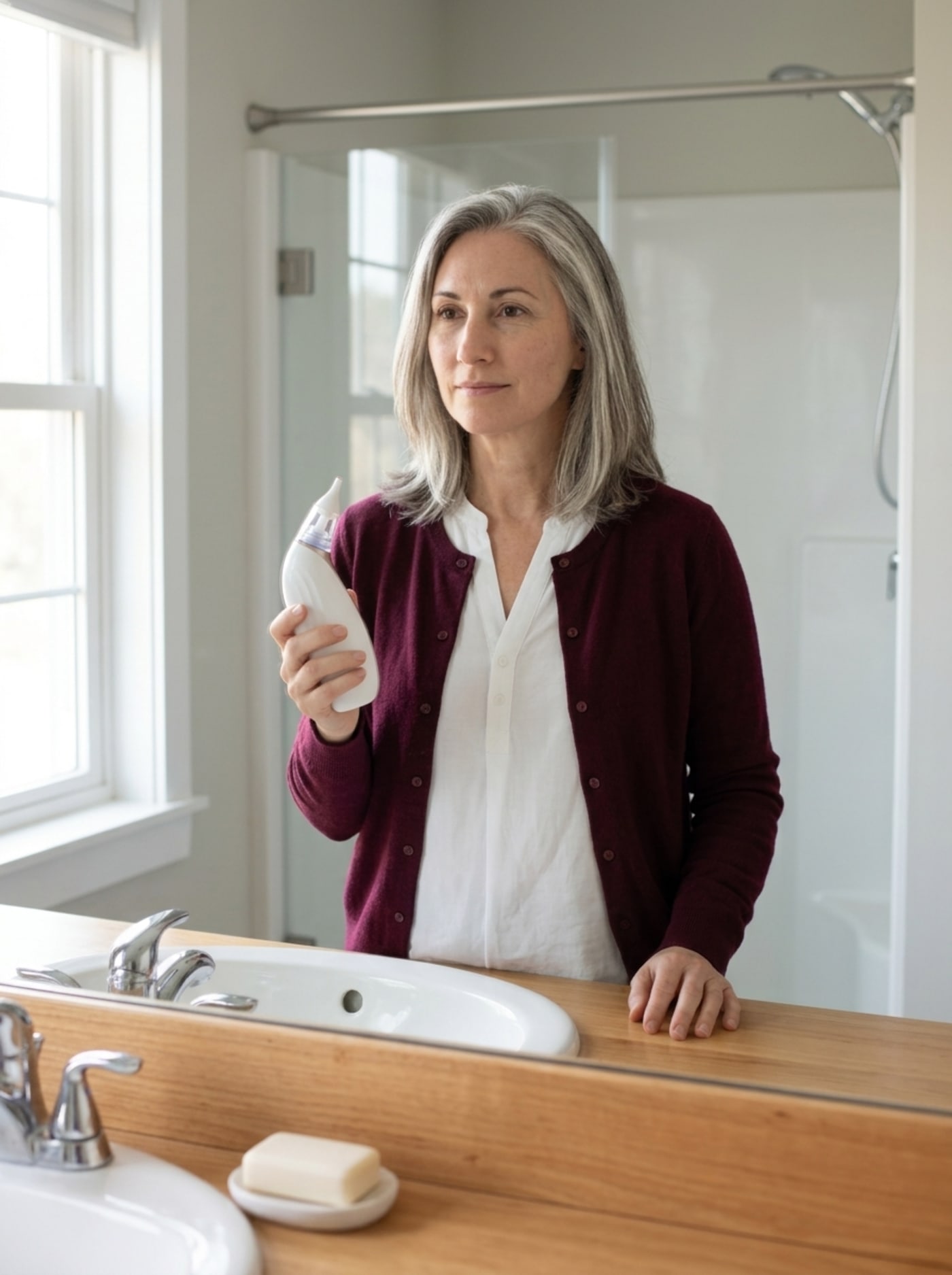 Diane, a woman of 58 with silver-streaked shoulder-length hair wearing a burgundy cardigan, standing at a clean uncluttered bathroom vanity in morning light, holding the Vacurio device naturally with a settled, unhurried expression