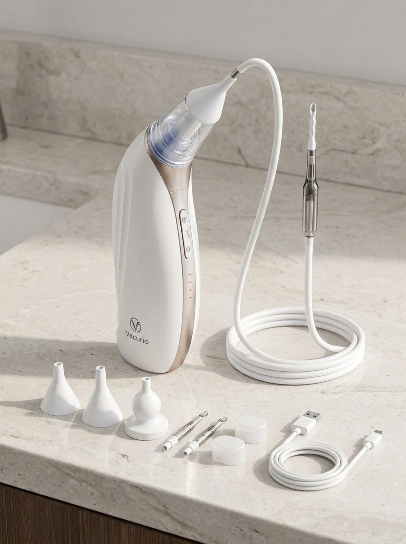 Vacurio cordless ear-care device with soft silicone tips arranged on a clean bathroom counter — the complete at-home ear maintenance kit