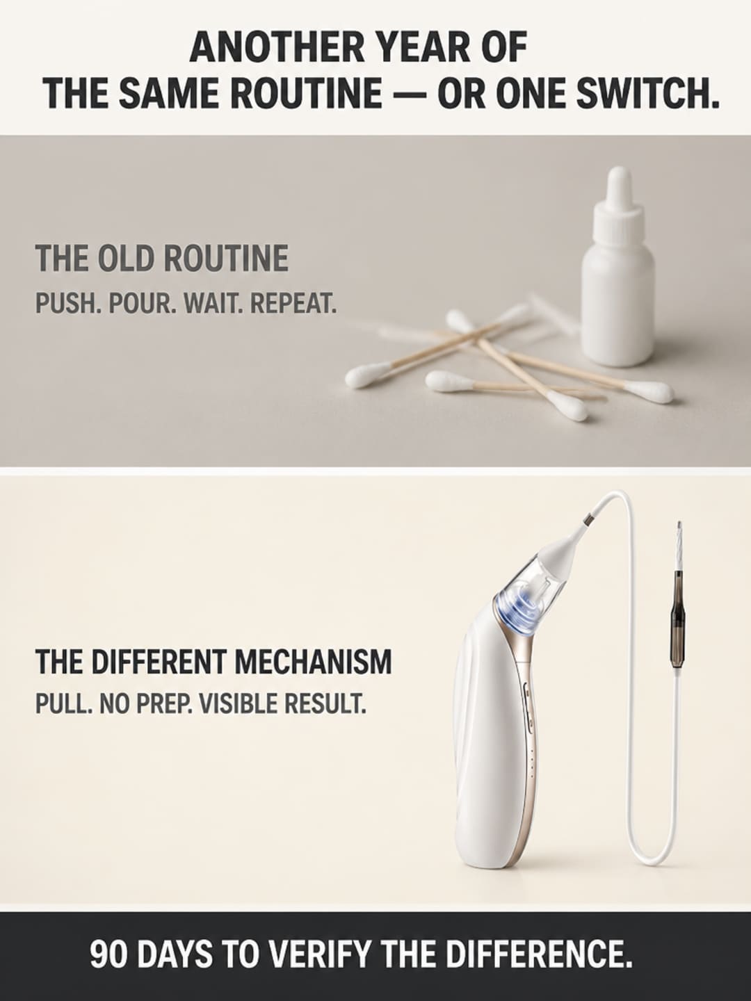 Split infographic — old routine push/pour/wait vs Vacurio pull/no prep/visible result