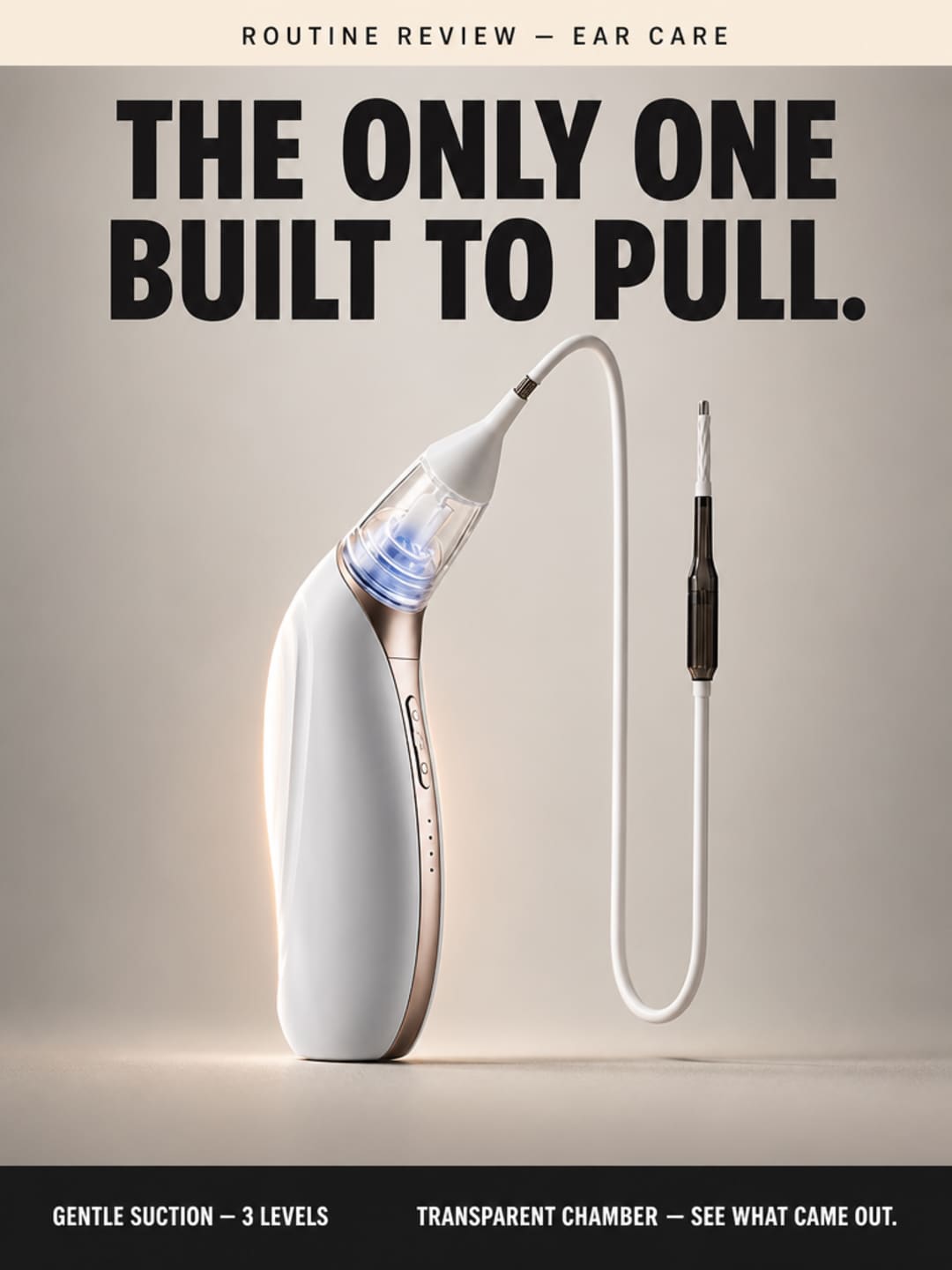 Vacurio ear-care device hero shot — transparent chamber facing viewer, studio-lit on warm grey background
