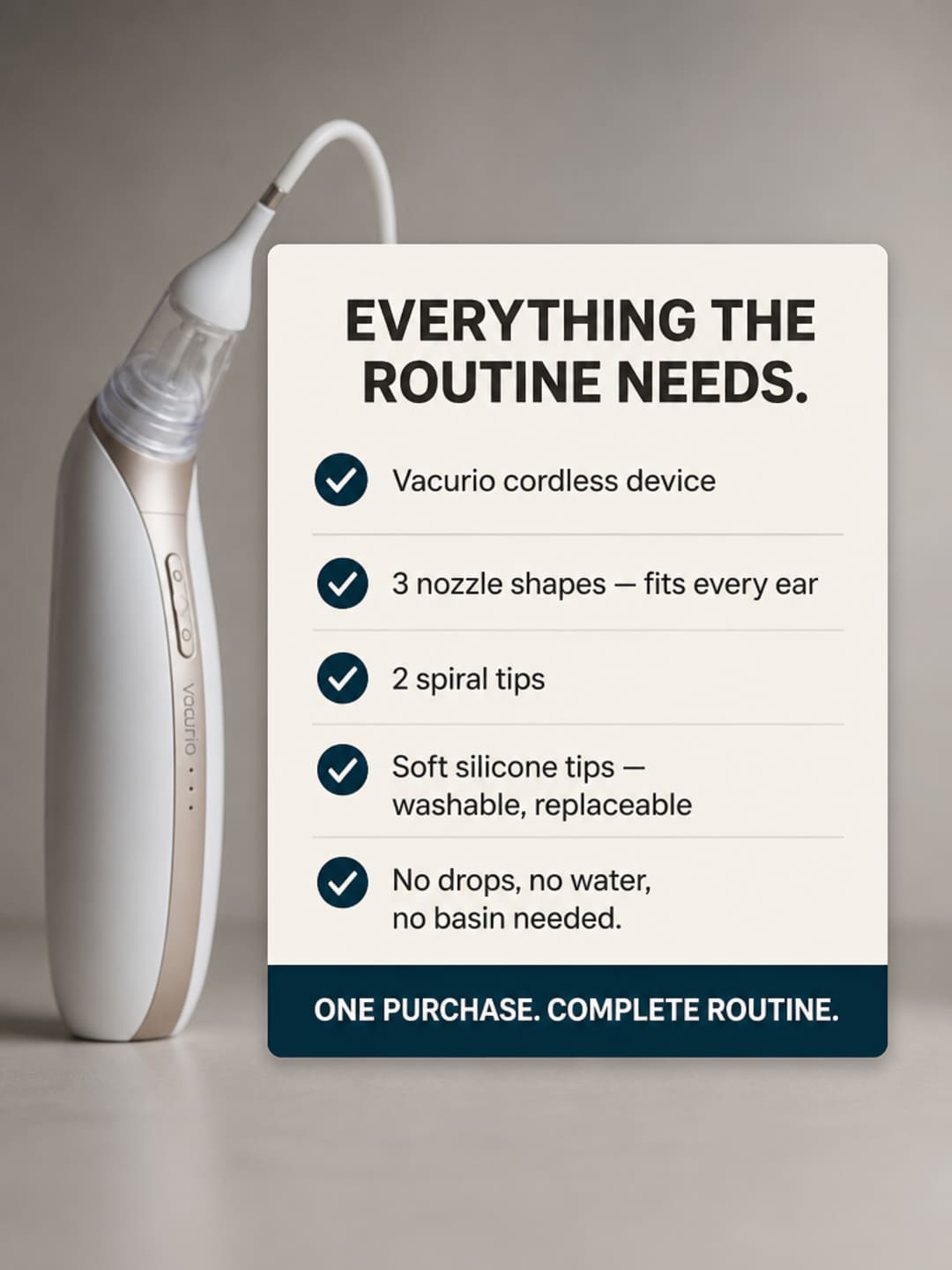 Checklist infographic showing all Vacurio kit contents — device, nozzle shapes, spiral tips, soft silicone tips