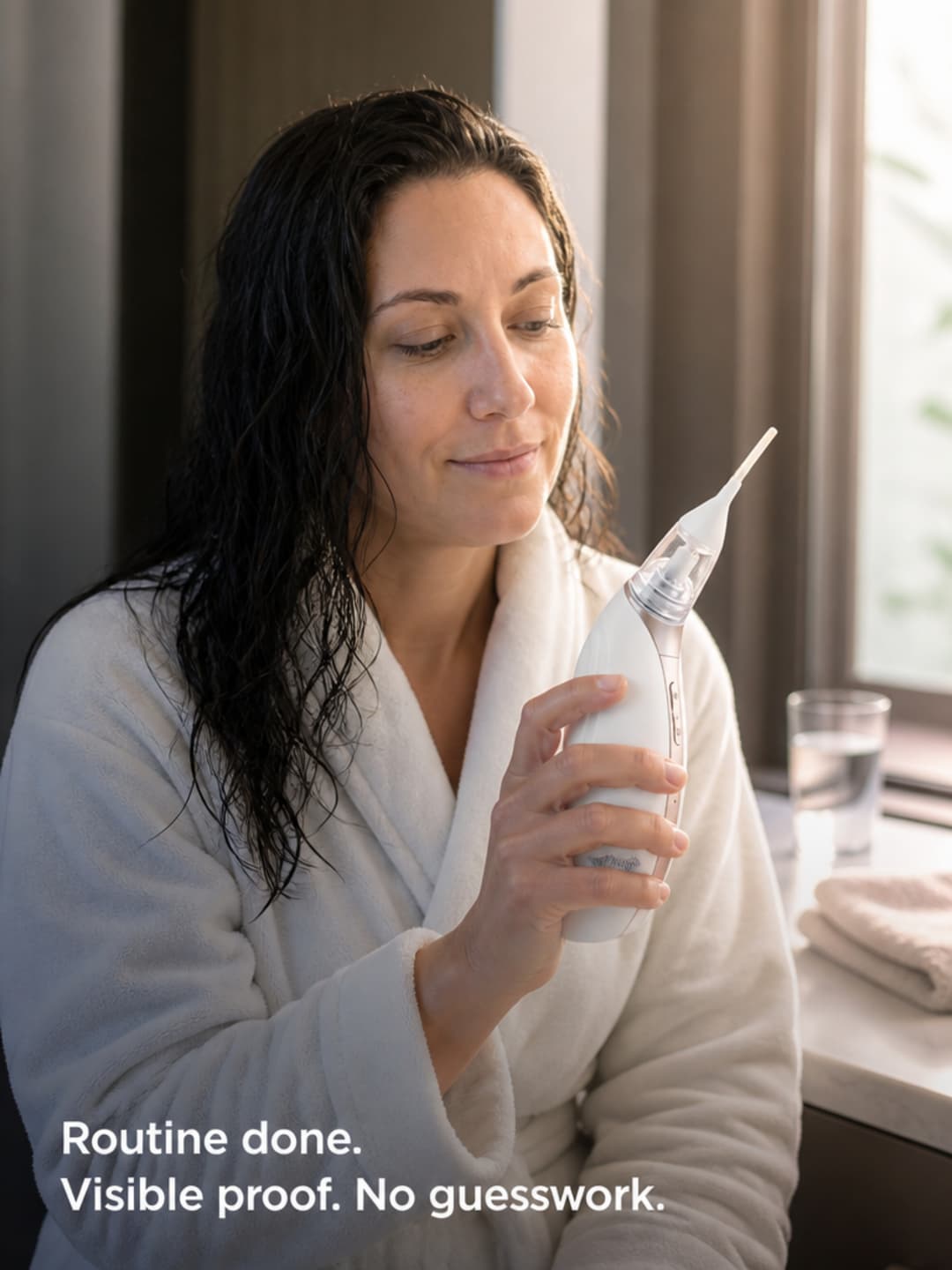 Person in their mid-forties holding Vacurio with transparent chamber visible, settled and satisfied expression
