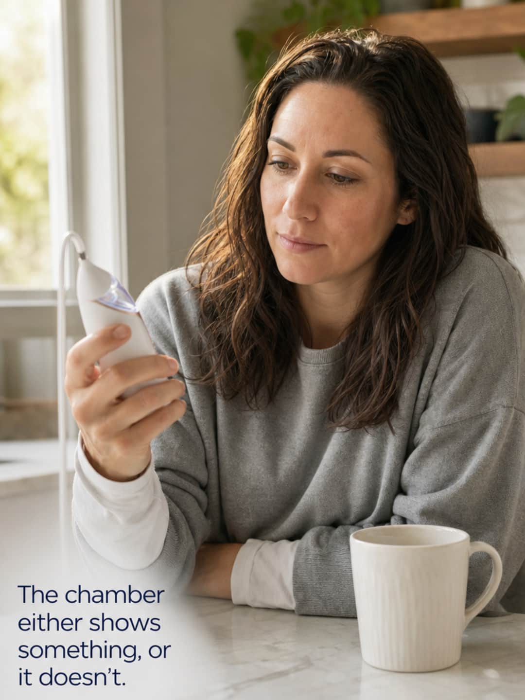 Woman seated at kitchen counter examining Vacurio device with calm, evaluative expression, looking specifically at the transparent collection chamber before deciding anything.