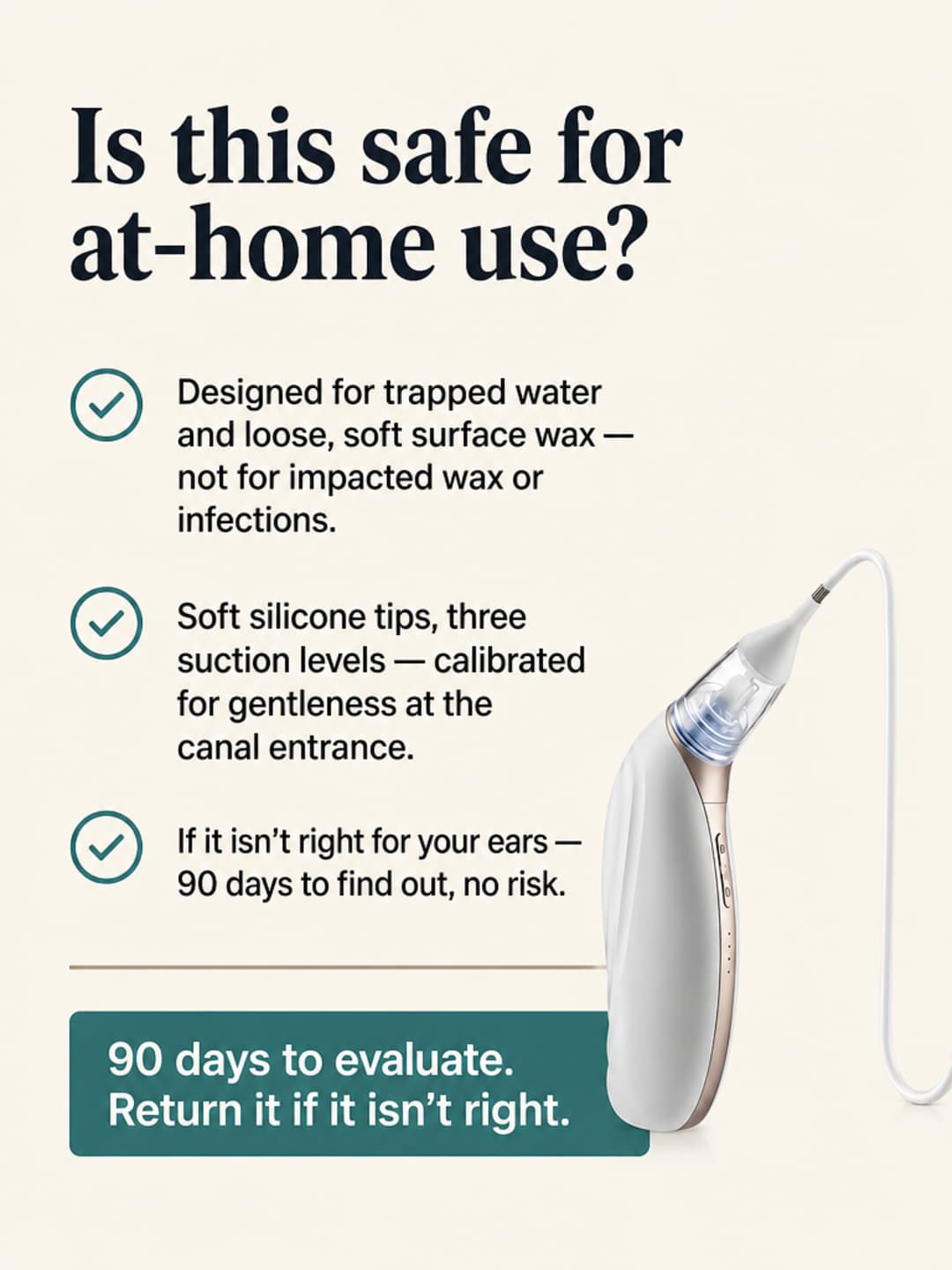 A woman in her mid-thirties seated in a warm bathroom holding the Vacurio device near her ear in the natural position of use, the transparent collection chamber visible