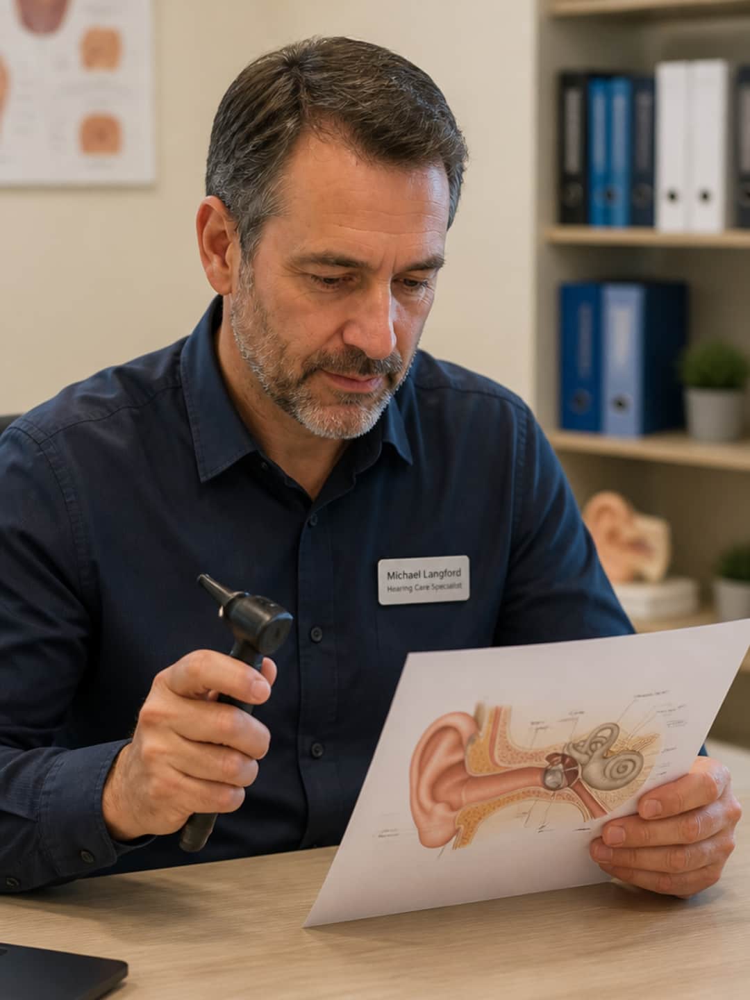 A hearing-care specialist in a clinical consultation room, seated at a desk with an otoscope, examining a printed diagram