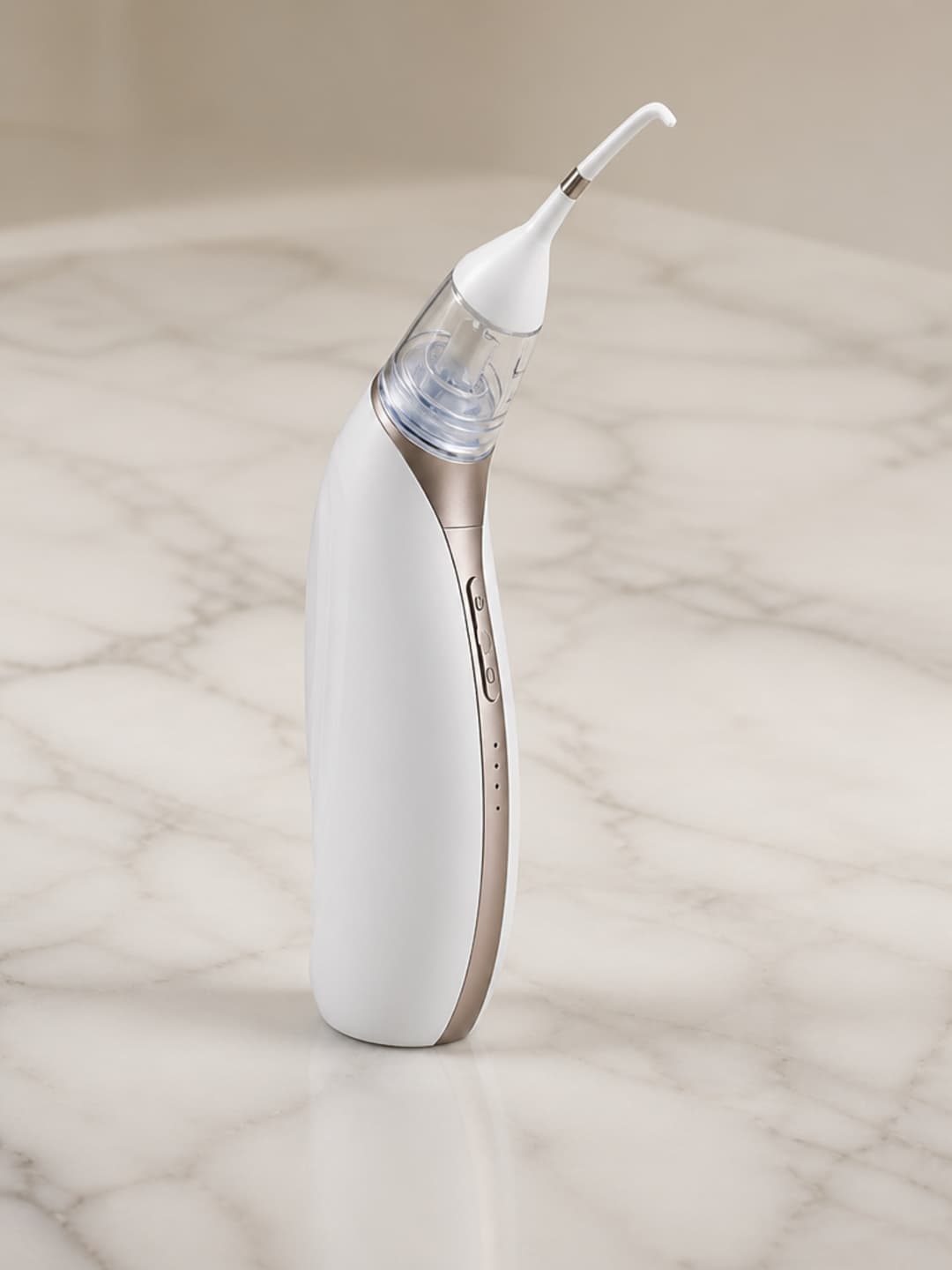 Editorial reassurance card listing safety considerations for Vacurio at-home ear maintenance, with a small product thumbnail in the corner