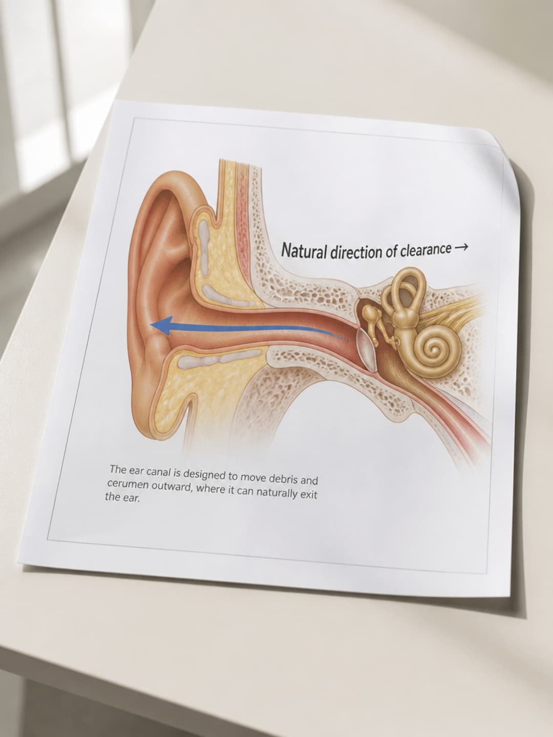 Anatomical diagram of the outer ear canal printed on matte paper, showing a bold arrow pointing outward labeled 'Natural direction of clearance'