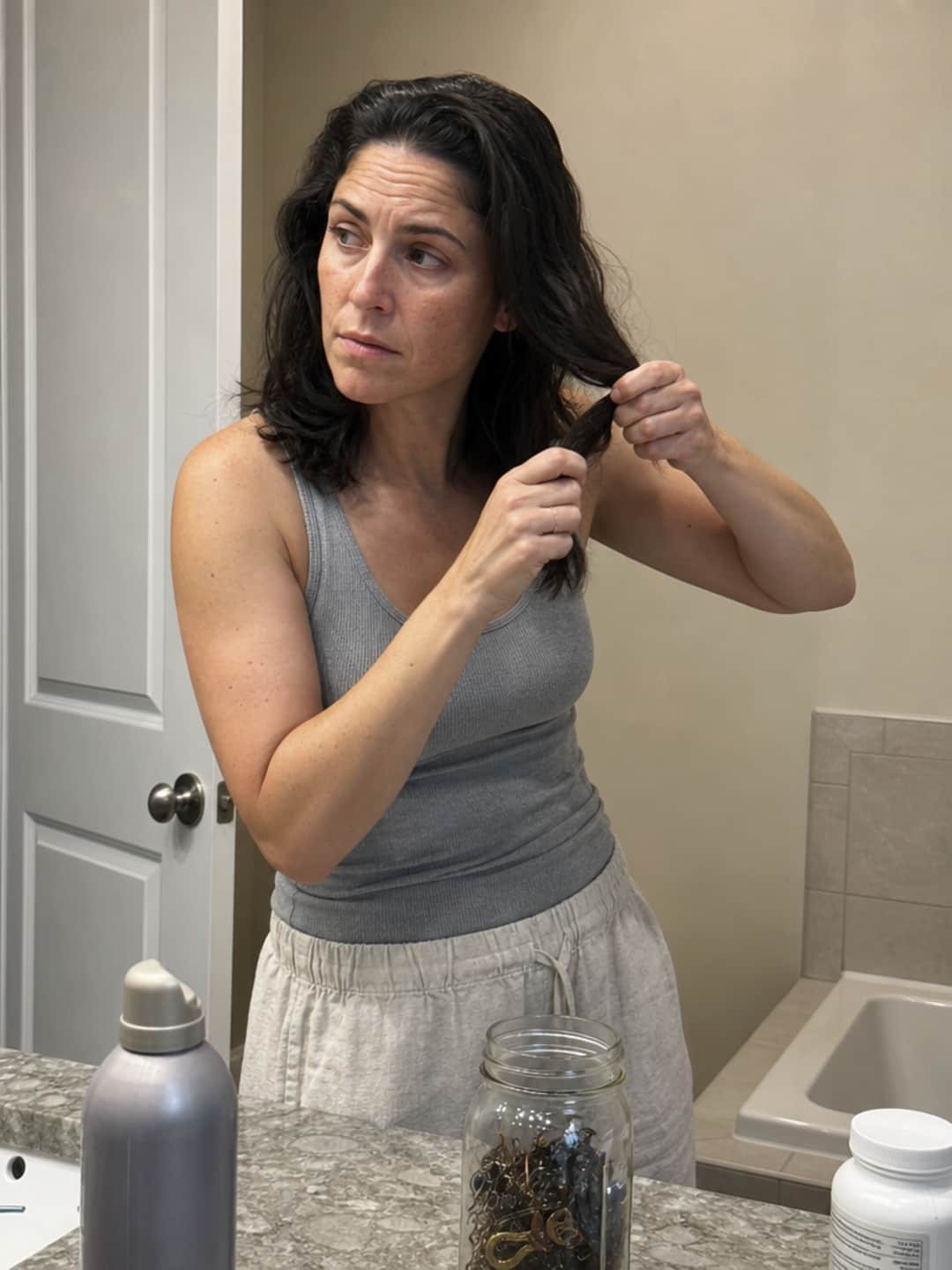 A woman of 38 with dark shoulder-length wavy hair in a grey ribbed tank top, standing at a bathroom mirror, fingers snagged mid-pull through a section of hair at midshaft — the specific, tired expression of someone who has done this test a dozen times before