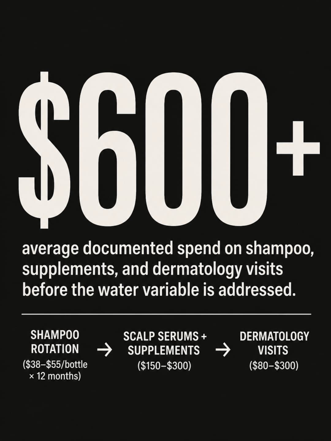 Bold typographic infographic on dark charcoal background: '$600+' in large off-white numerals with the caption 'average documented spend on shampoo, supplements, and dermatology visits before the water variable is addressed,' followed by a three-step cost chain