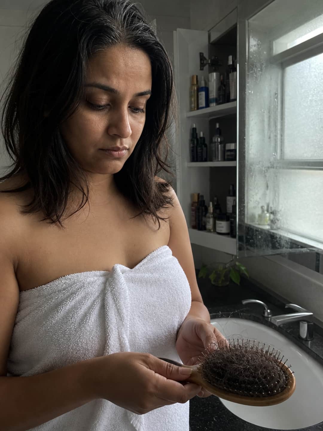 Woman of 34 with dark shoulder-length hair in a white terrycloth towel, standing at the bathroom sink looking down at a hairbrush full of hair — medicine cabinet open behind her showing bottles of hair serums and supplements