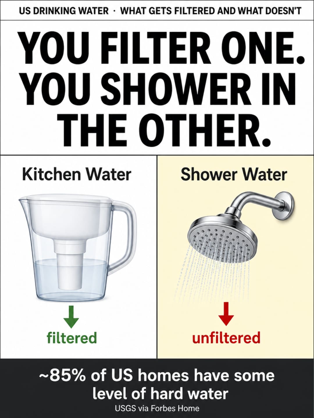 Split-panel infographic: Kitchen Water labeled 'filtered' with a pitcher filter icon on the left, Shower Water labeled 'unfiltered' with a shower head icon on the right — headline reads YOU FILTER ONE. YOU SHOWER IN THE OTHER.