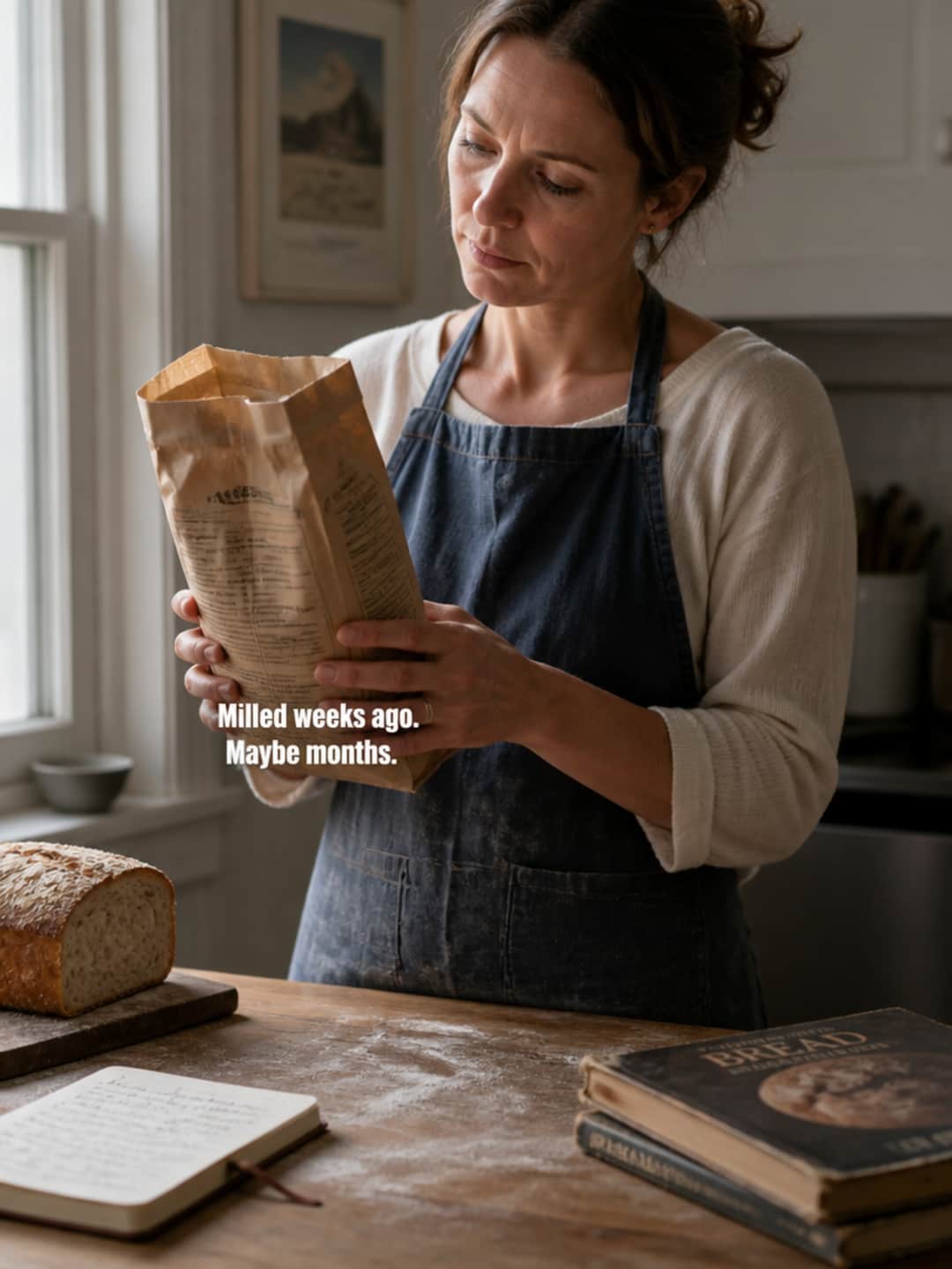 Woman in her mid-thirties reading the ingredient label on a kraft-paper bag of whole-wheat flour at a kitchen counter, with a worn bread-baking reference book and handwritten recipe notes nearby