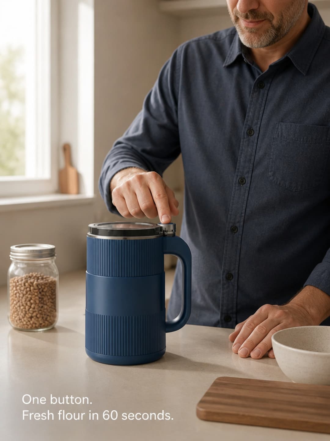 One finger pressing the single button on the Grainbloom grain mill at a home kitchen counter