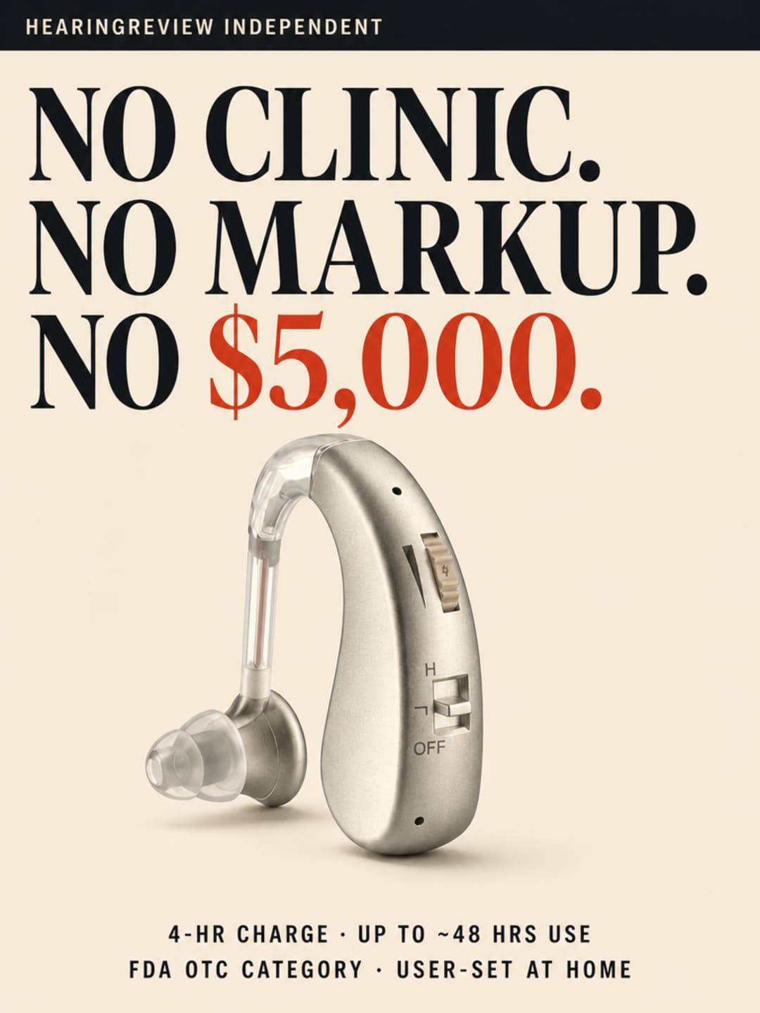 Audexa rechargeable behind-the-ear hearing aids on a warm cream surface